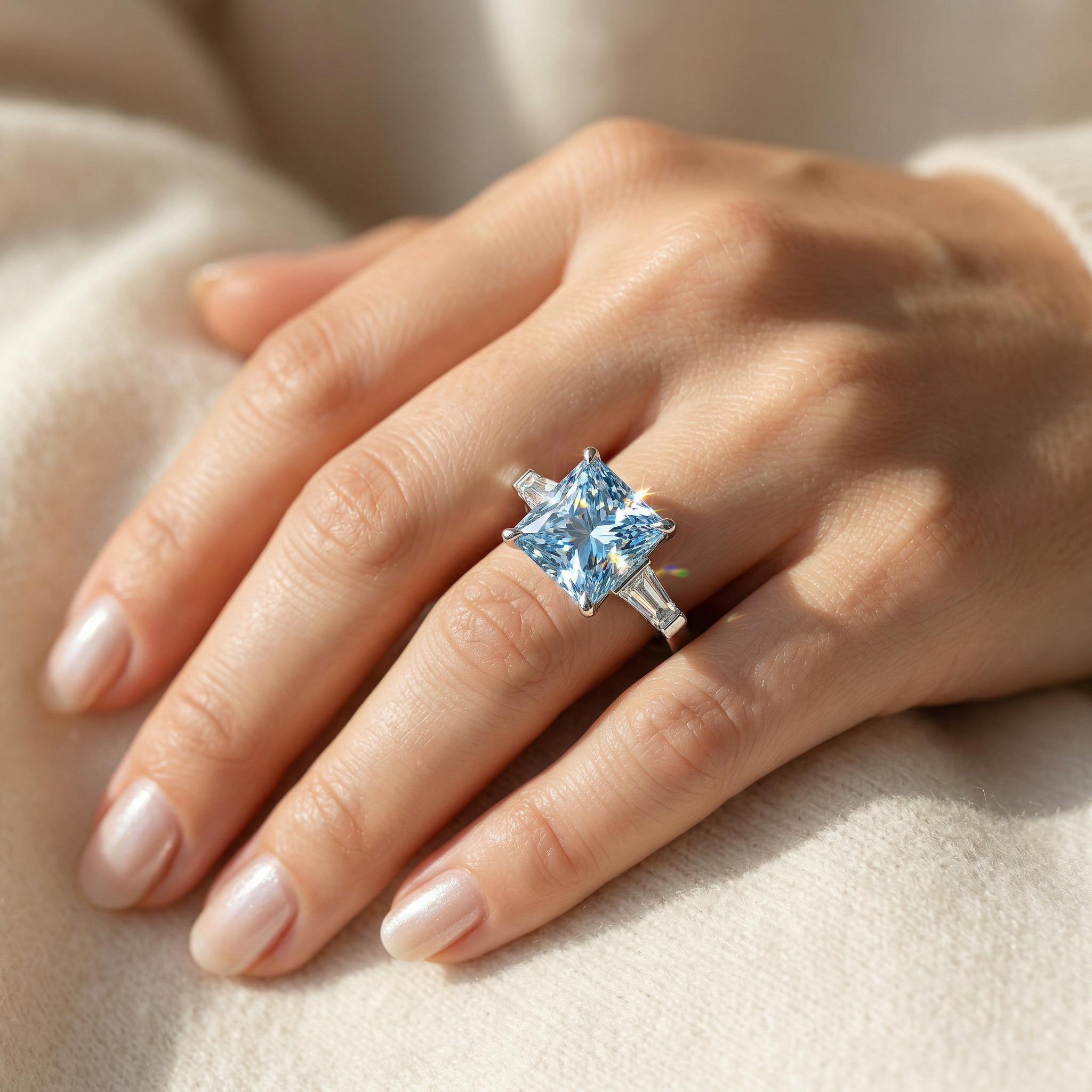 4ct Fancy Blue Princess & Tapered Baguette Three Stone Lab Diamond Ring - Alluring