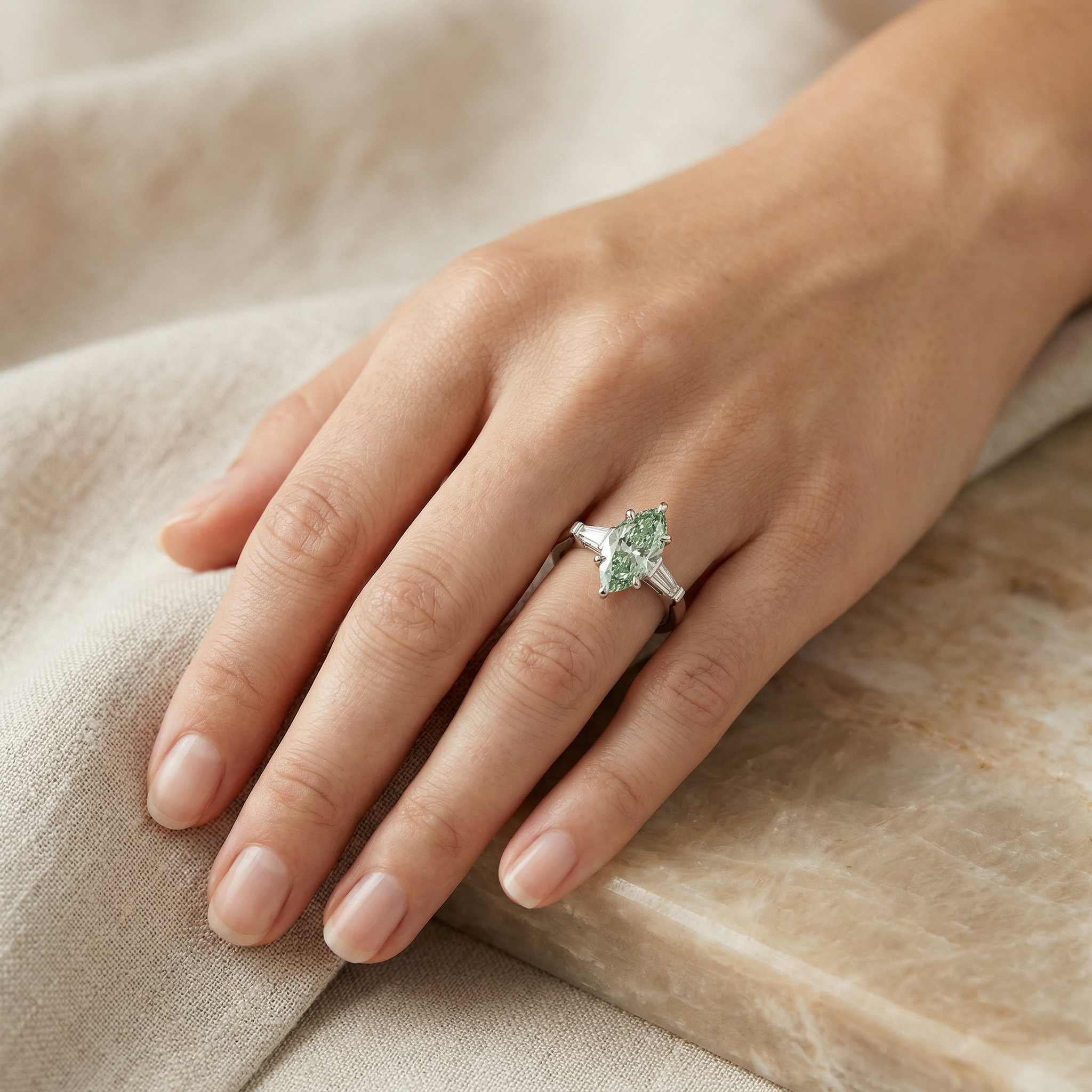 3.75 Carat Fancy Vivid Green Marquise & Tapered Baguette Lab Grown Diamond Three Stone Engagement Ring