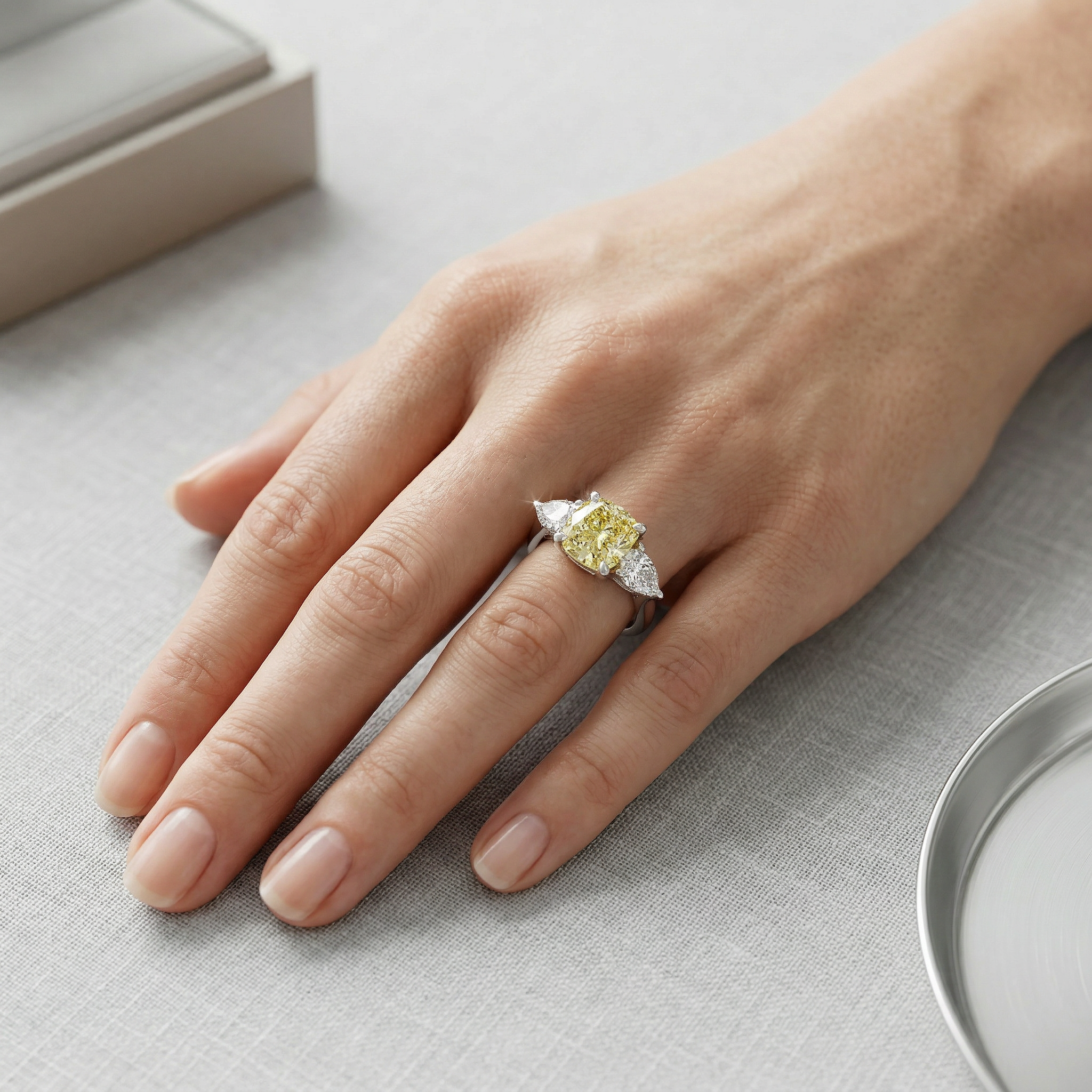 4 Carat Fancy Yellow Cushion & Pear Cut Three Stone Lab Grown Diamond Engagement Ring