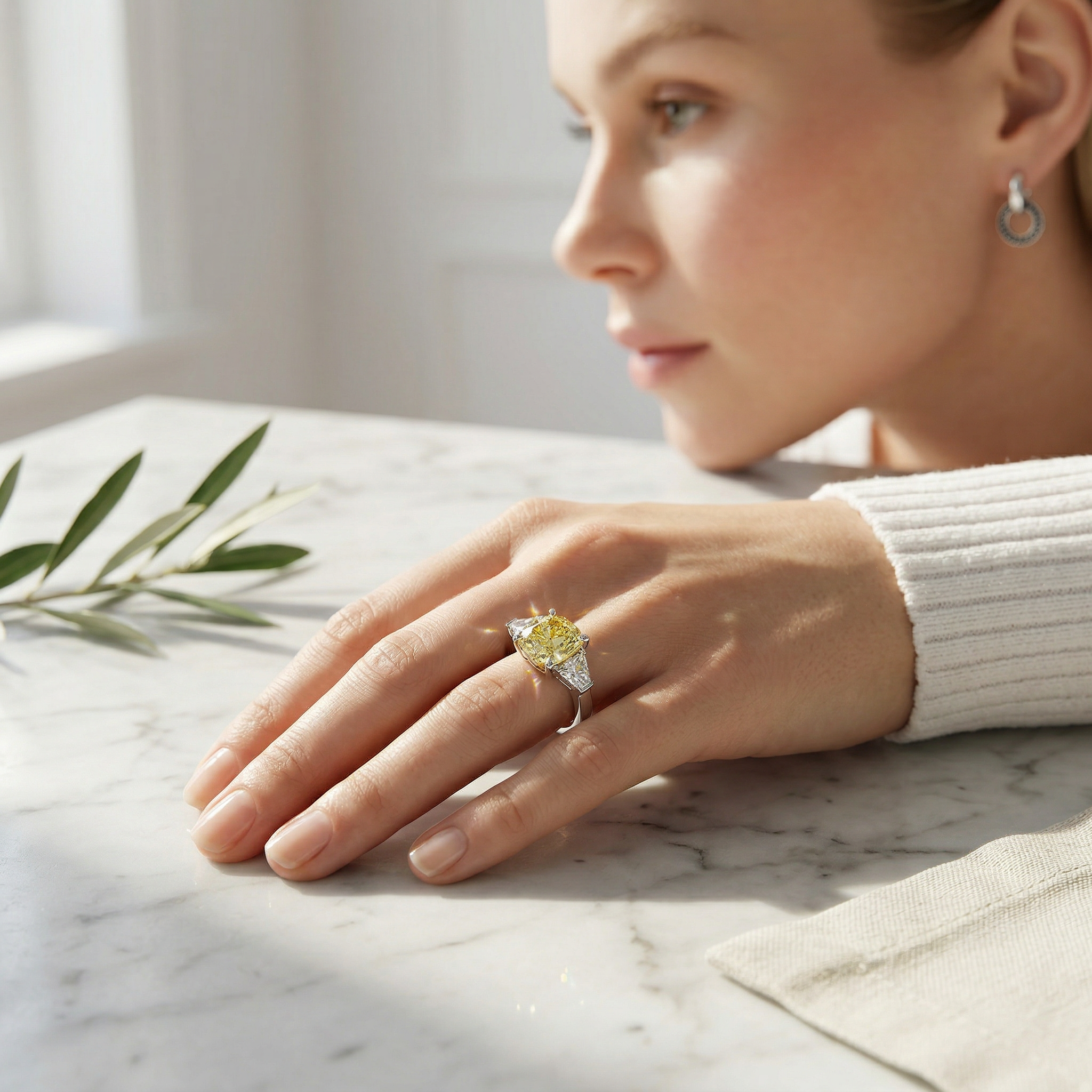 3.75 Carat Fancy Canary Yellow Cushion & Tapered Baguette Lab Grown Diamond Three Stone Engagement Ring
