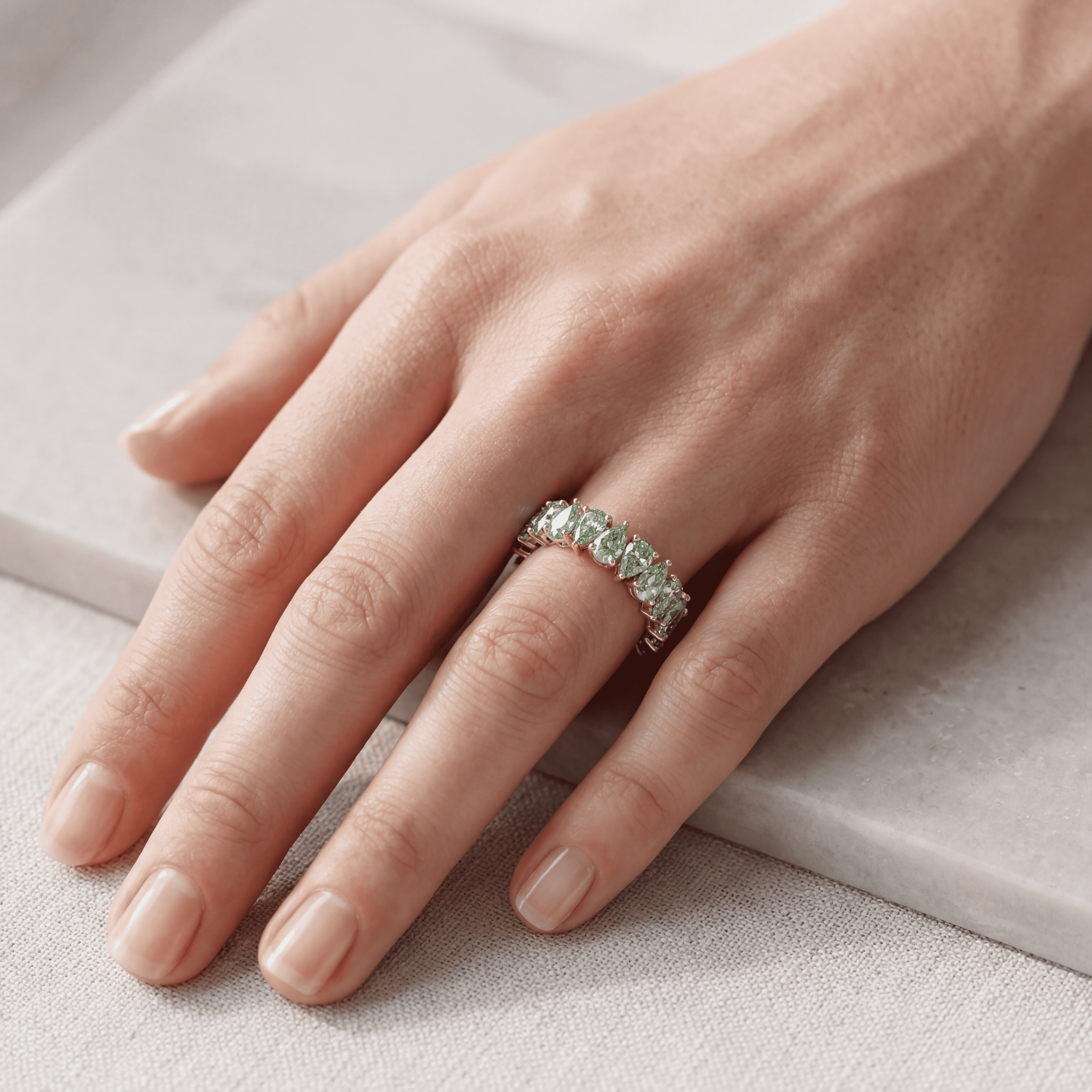 4.4ct Vivid Green Pear Cut Lab Grown Diamond Full Eternity Band - Stackable Ring
