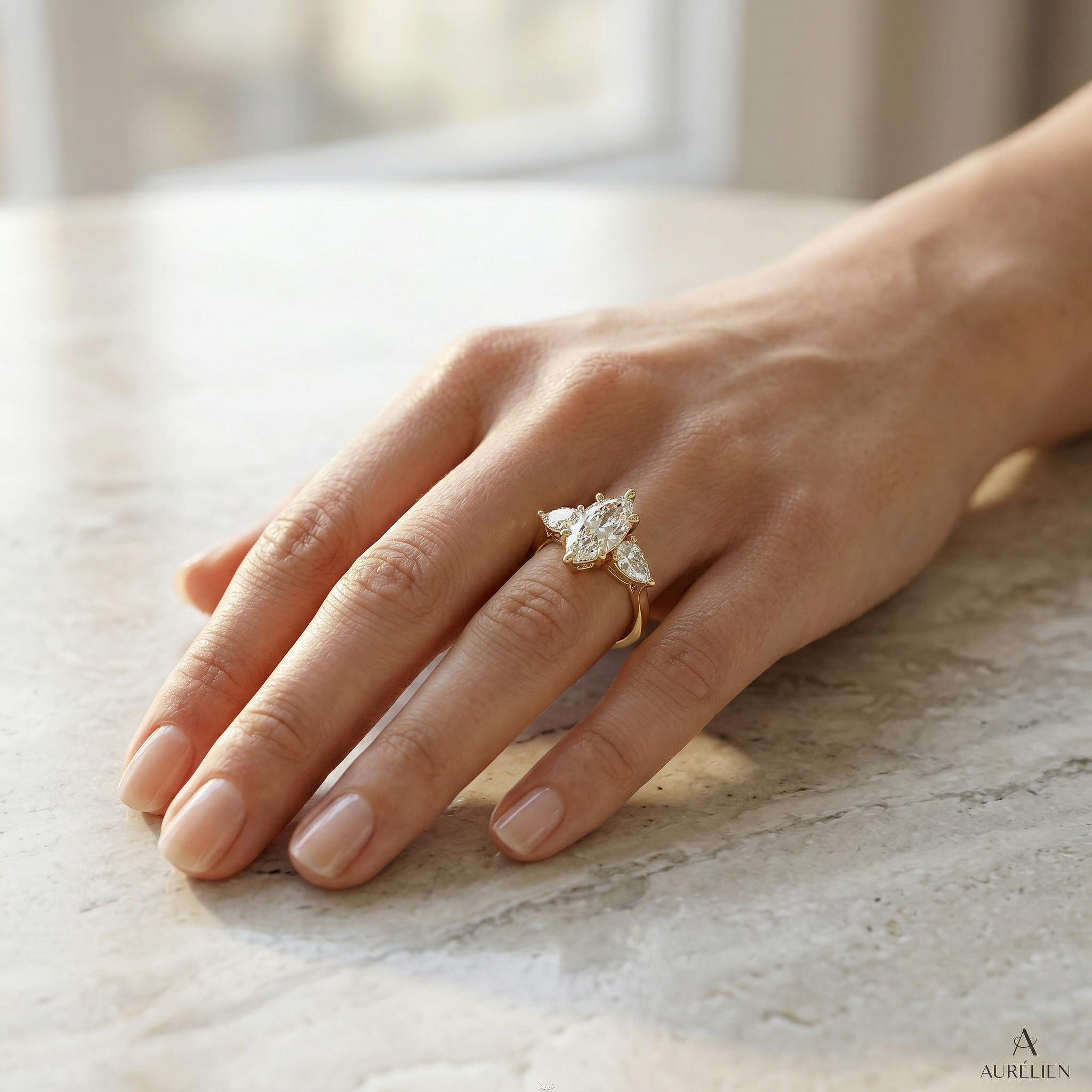 3 Carat E/VVS Marquise & Pear Cut Three Stone Lab Grown Diamond Engagement Ring