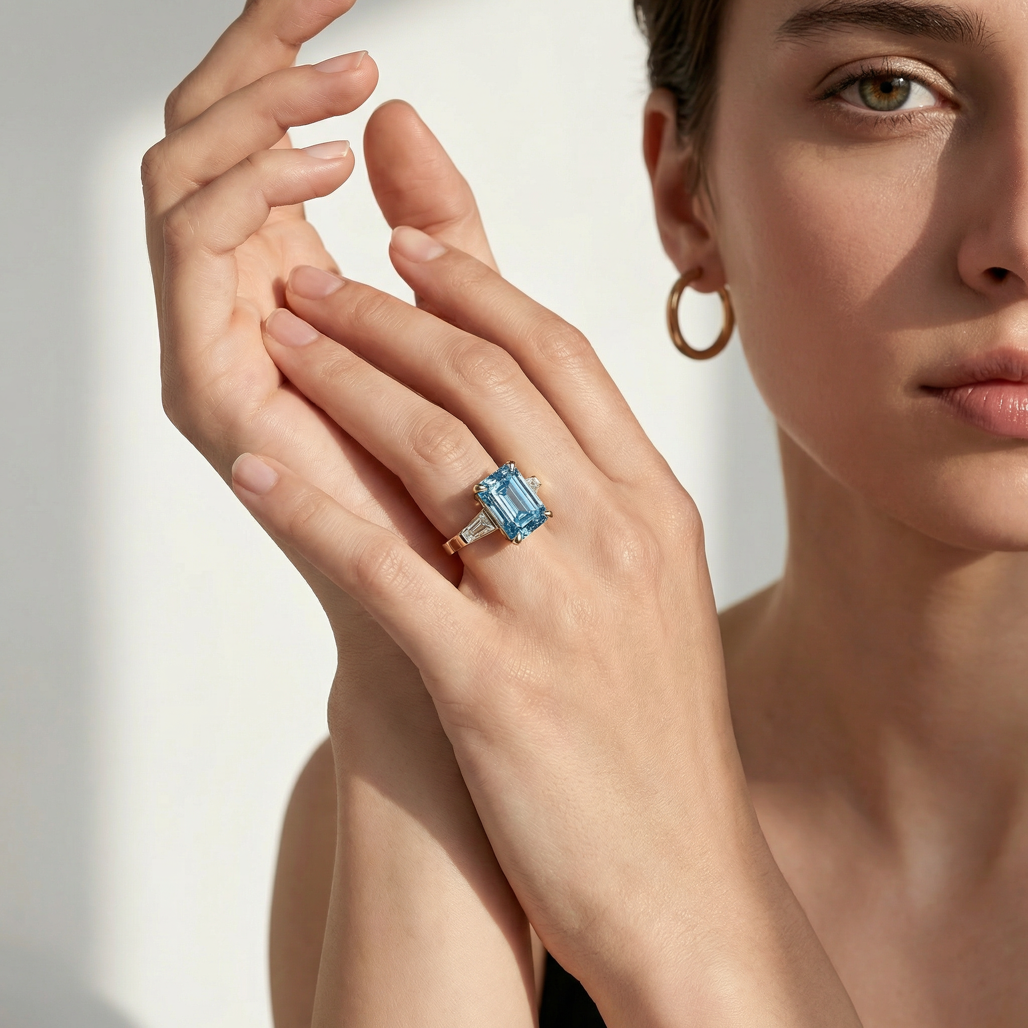 3.75ct Fancy Blue Emerald & Tapered Baguette Three Stone Lab Diamond Ring
