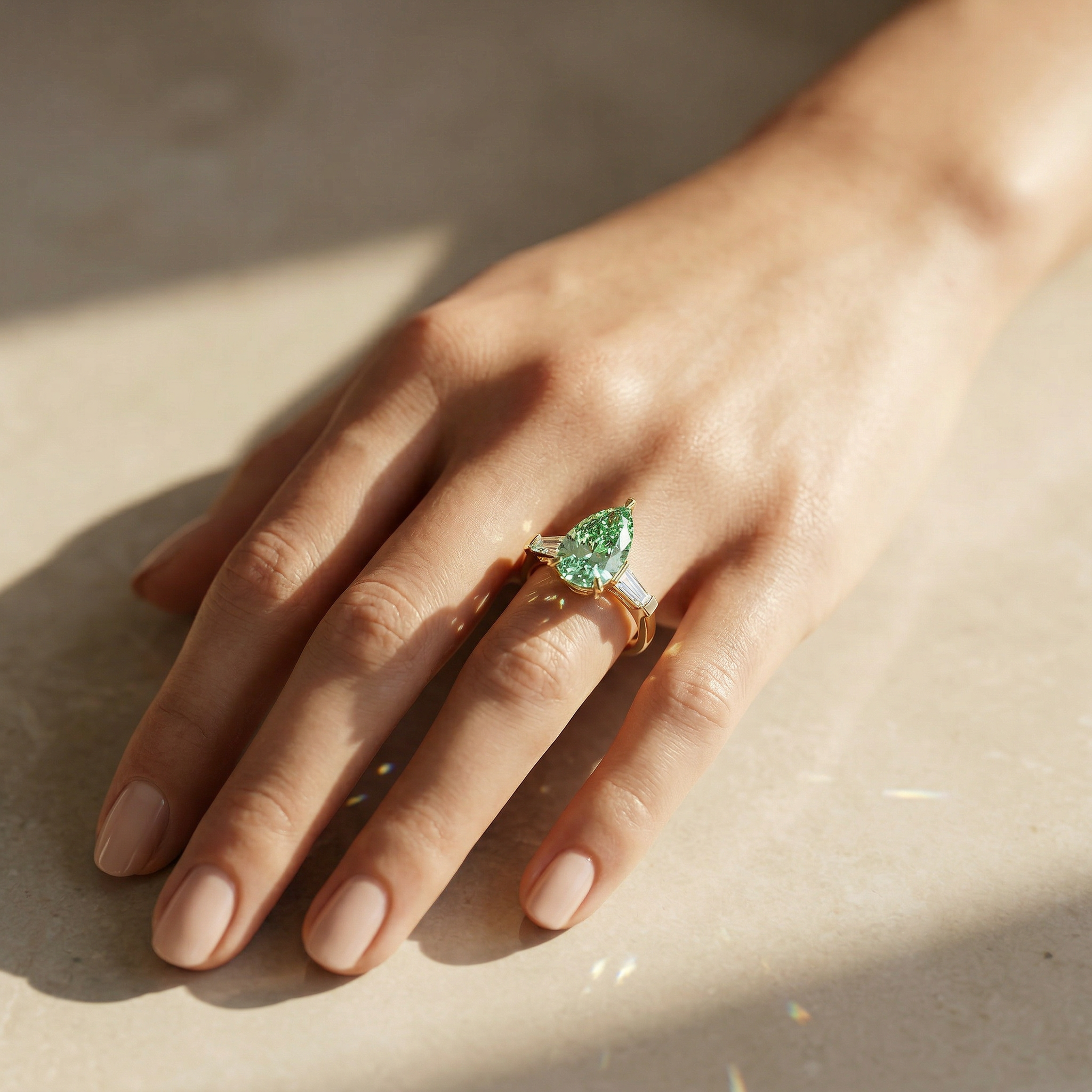 3.40ct Vivid Green Pear & Tapered Baguette Three Stone Lab Diamond Ring - Bella