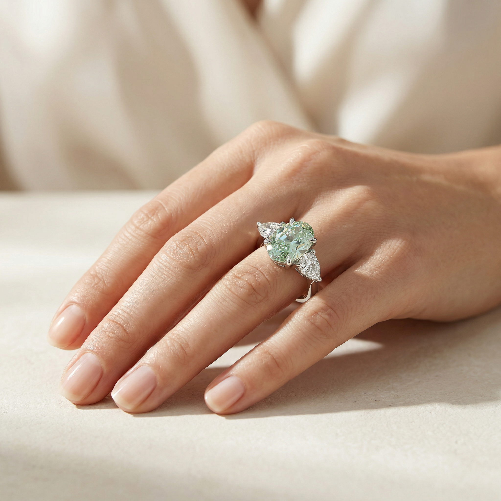 3 Carat Fancy Vivid Green Oval Lab Diamond Three Stone Engagement Ring | Pear Cut Sides | Mohana Jewels