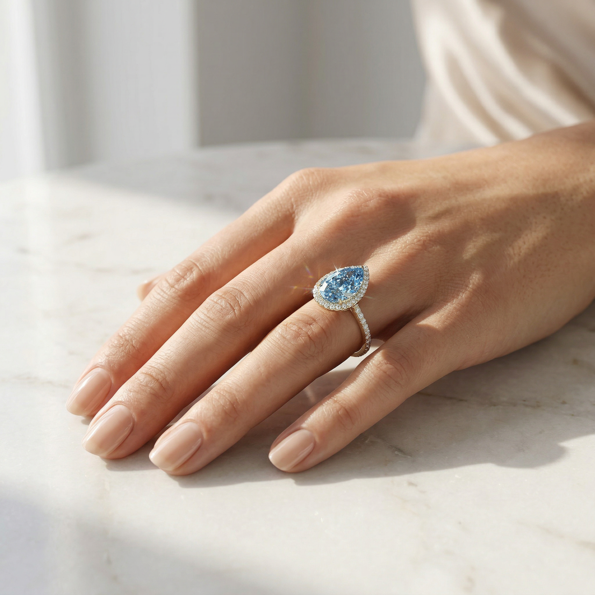 3ct Fancy Blue Pear Cut Halo & Pave Lab Grown Diamond Engagement Ring - Madona