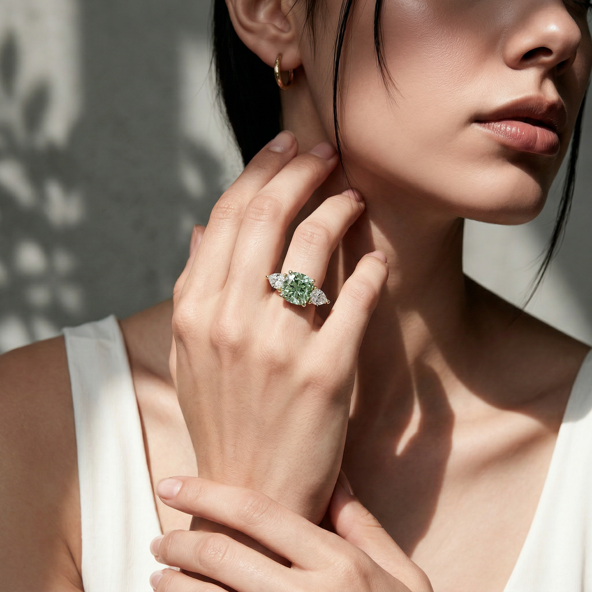 4 Carat Fancy Green Cushion & Pear Cut Three Stone Lab Grown Diamond Engagement Ring
