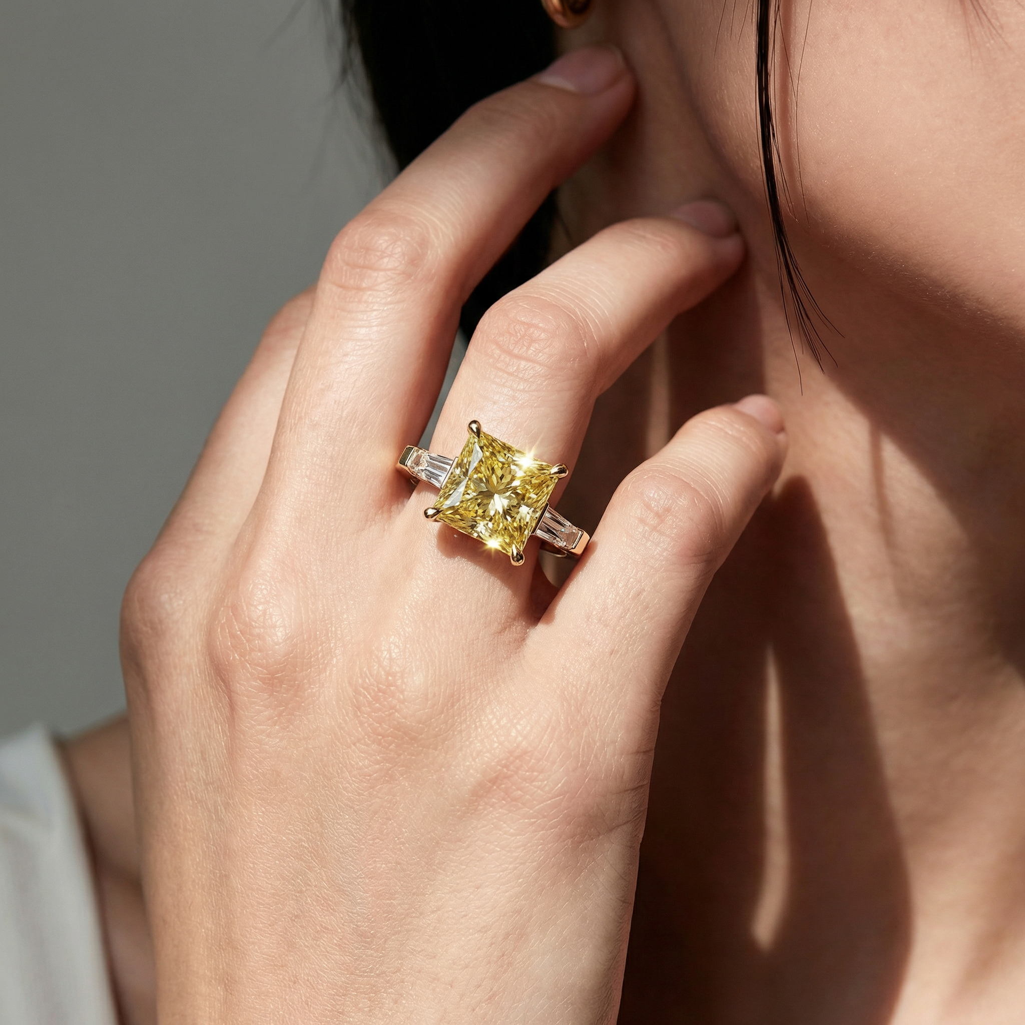 4ct Canary Yellow Princess & Tapered Baguette Three Stone Lab Diamond Ring - Alluring
