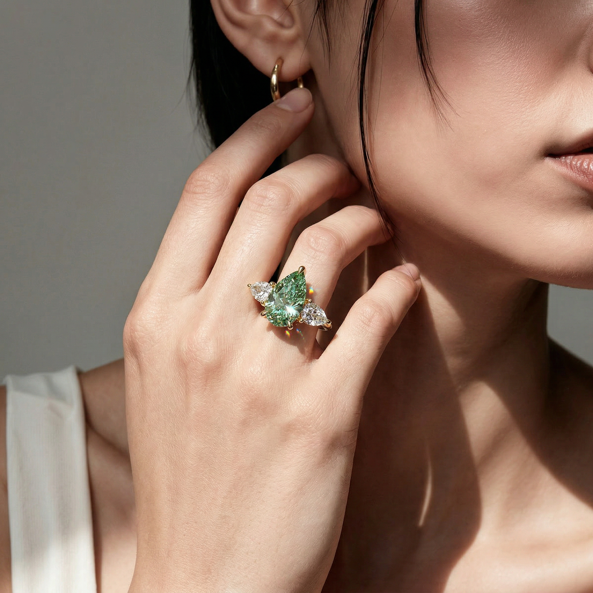 4 Carat Fancy Green Pear Cut Three Stone Lab Grown Diamond Engagement Ring