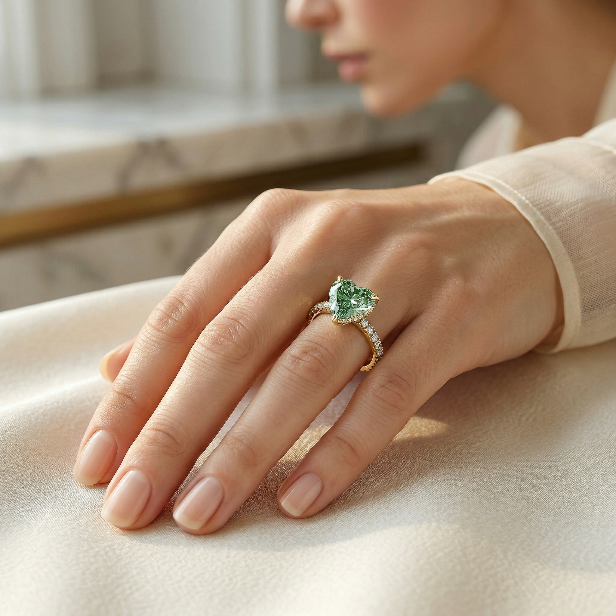 3 Carat Fancy Green Heart Cut Hidden Halo Lab Grown Diamond Engagement Ring