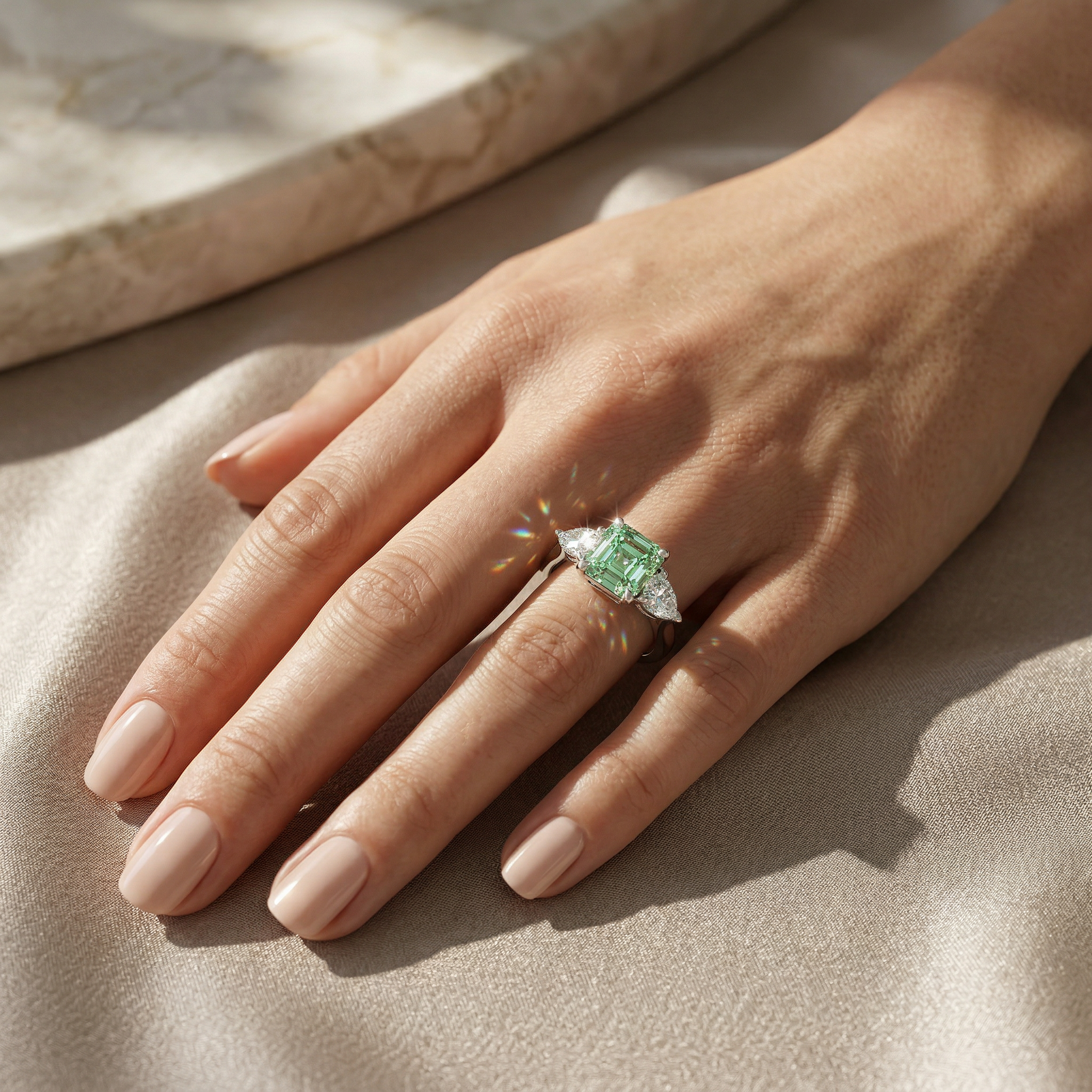 4 Carat Fancy Green Asscher Cut Three Stone Lab Grown Diamond Engagement Ring