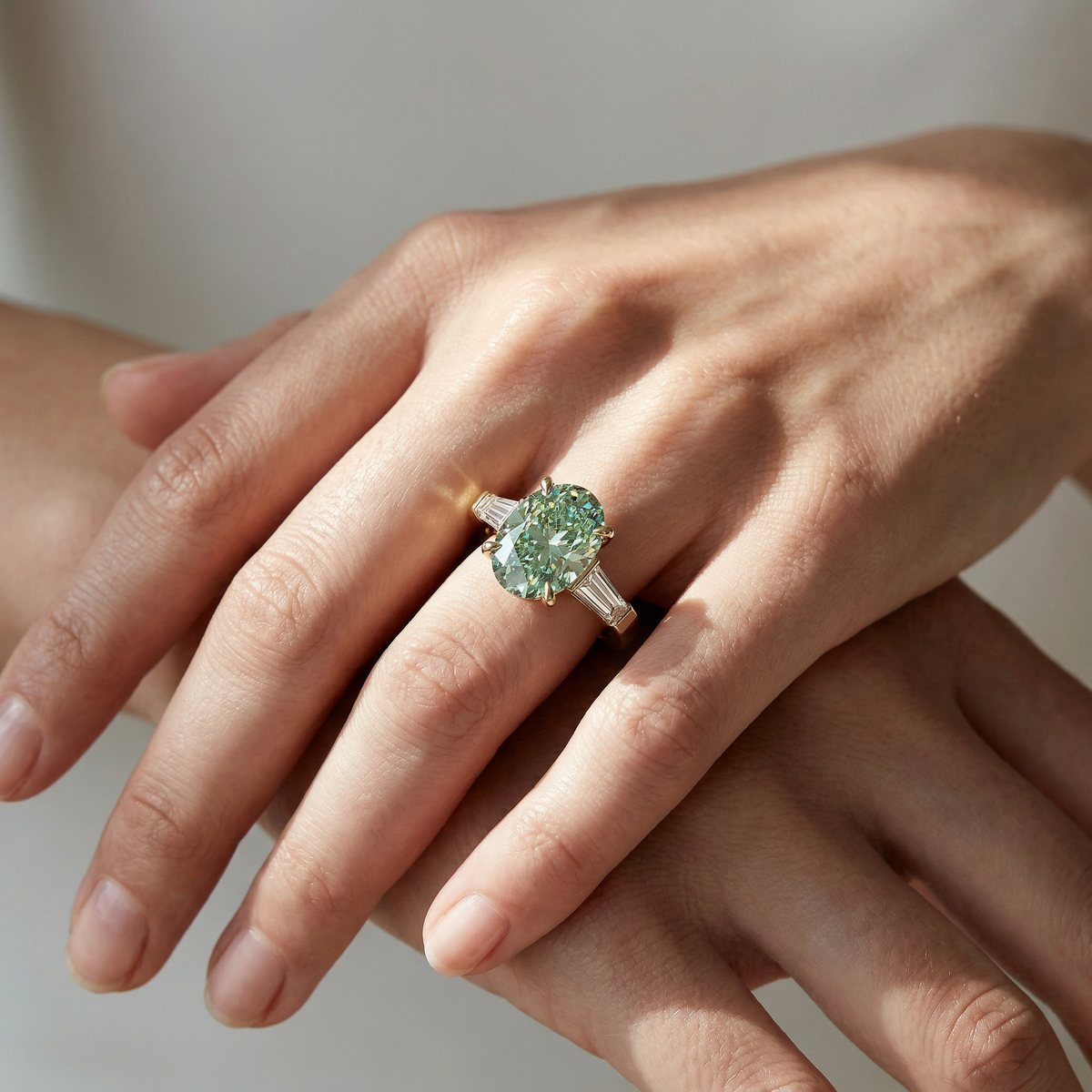 3.75 Carat Fancy Green Oval & Tapered Baguette Lab Grown Diamond Three Stone Engagement Ring