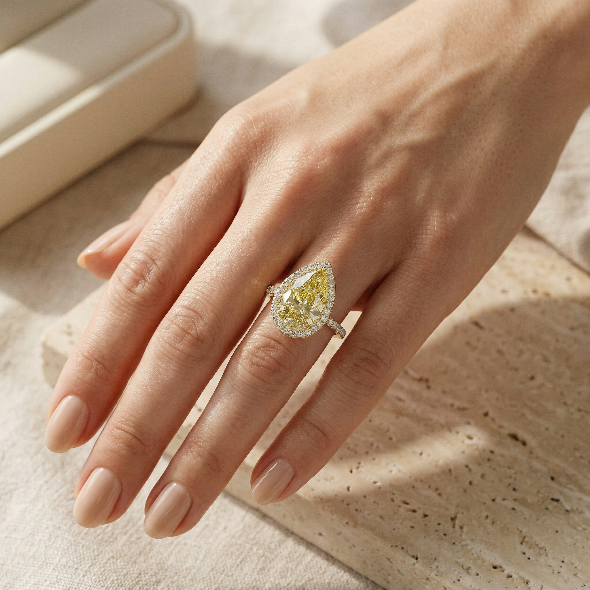 3ct Canary Yellow Pear Cut Halo & Pave Lab Grown Diamond Engagement Ring - Madona