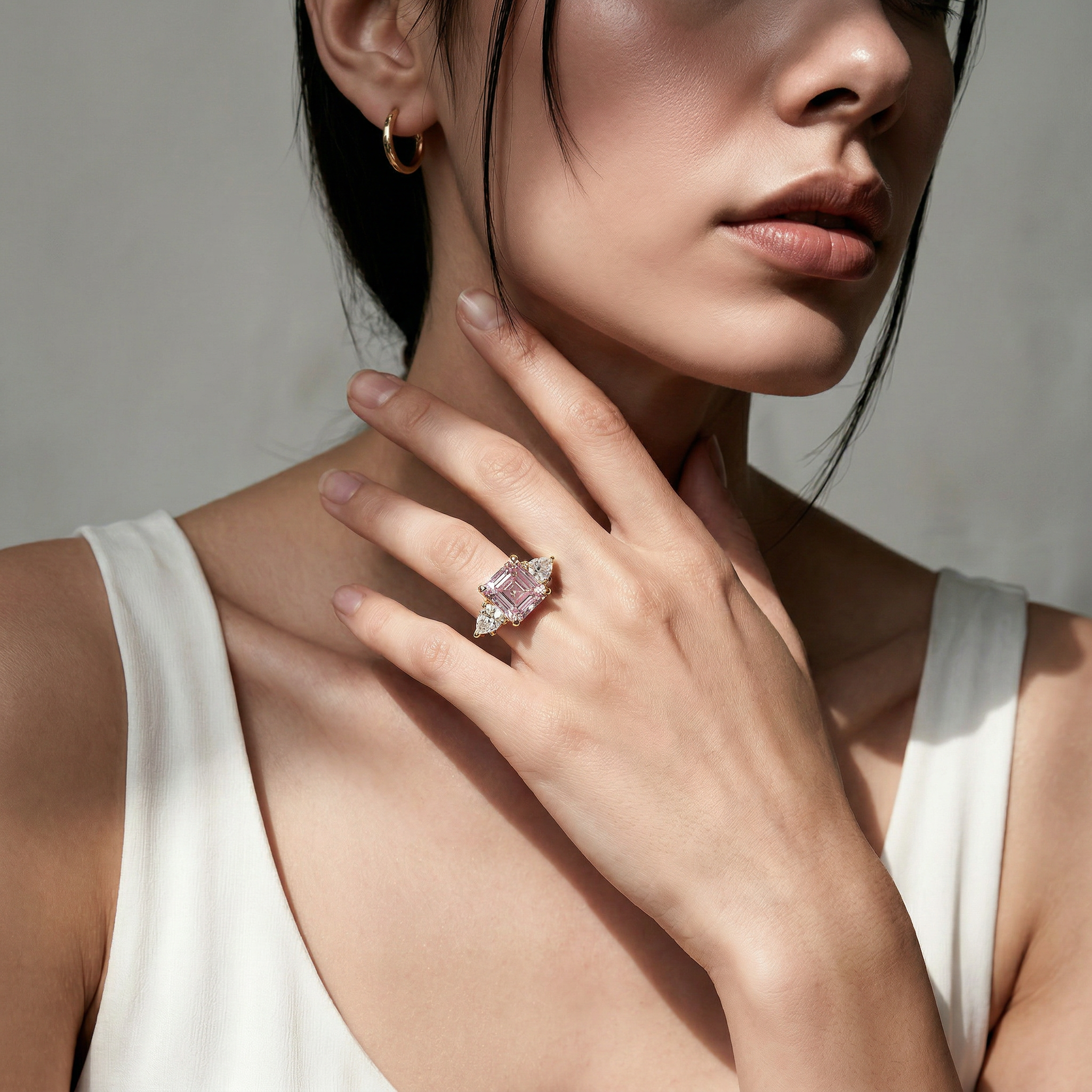 4 Carat Fancy Pink Asscher Cut Three Stone Lab Grown Diamond Engagement Ring