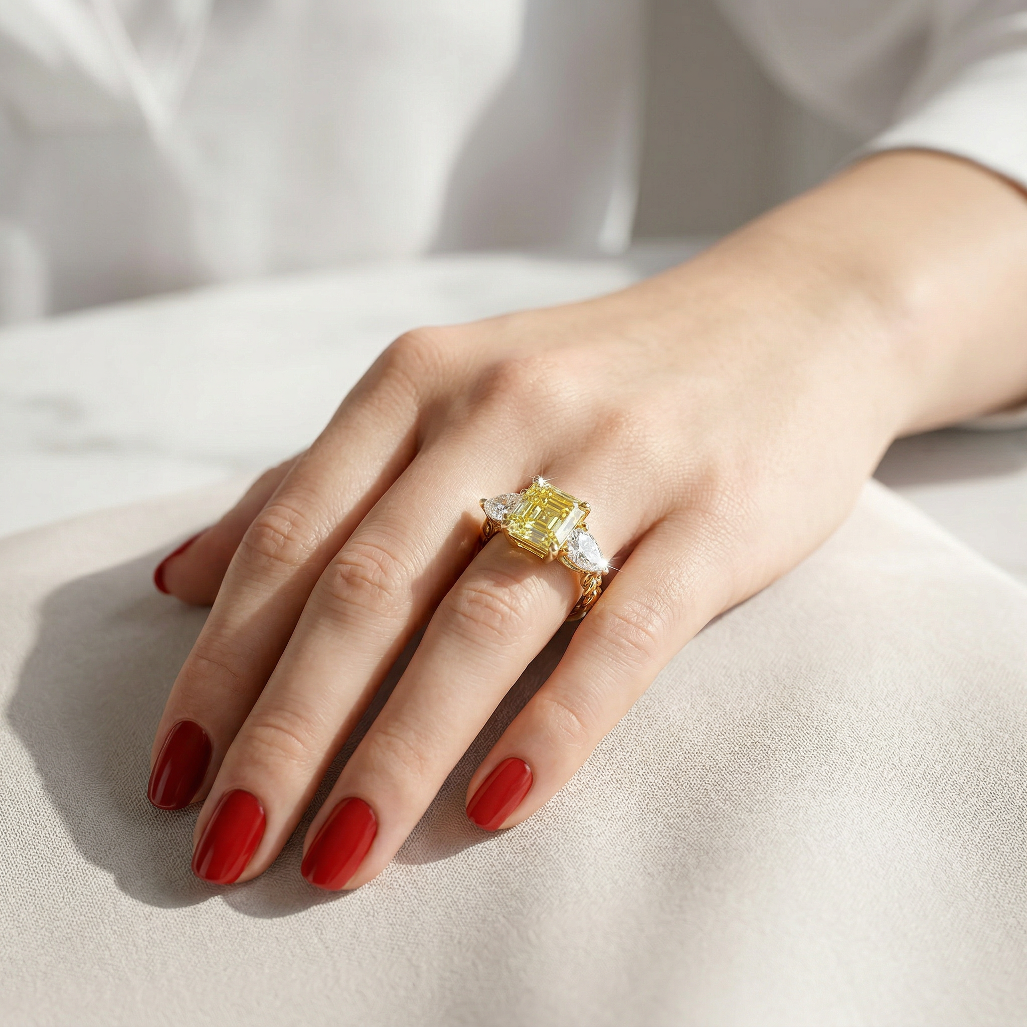4 Carat Canary Yellow Asscher Cut Three Stone Lab Grown Diamond Engagement Ring