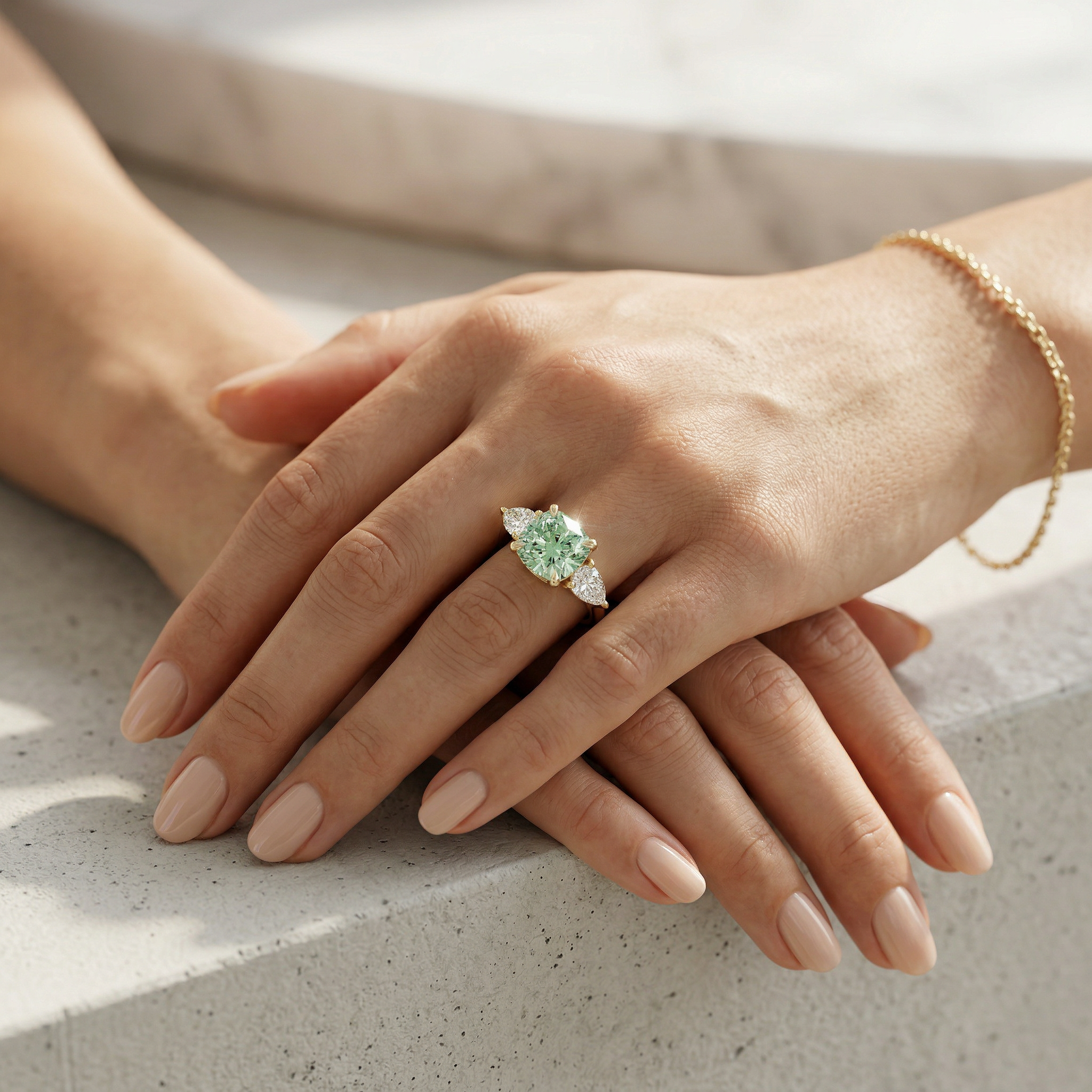 4 Carat Fancy Green Cushion & Pear Cut Three Stone Lab Grown Diamond Engagement Ring