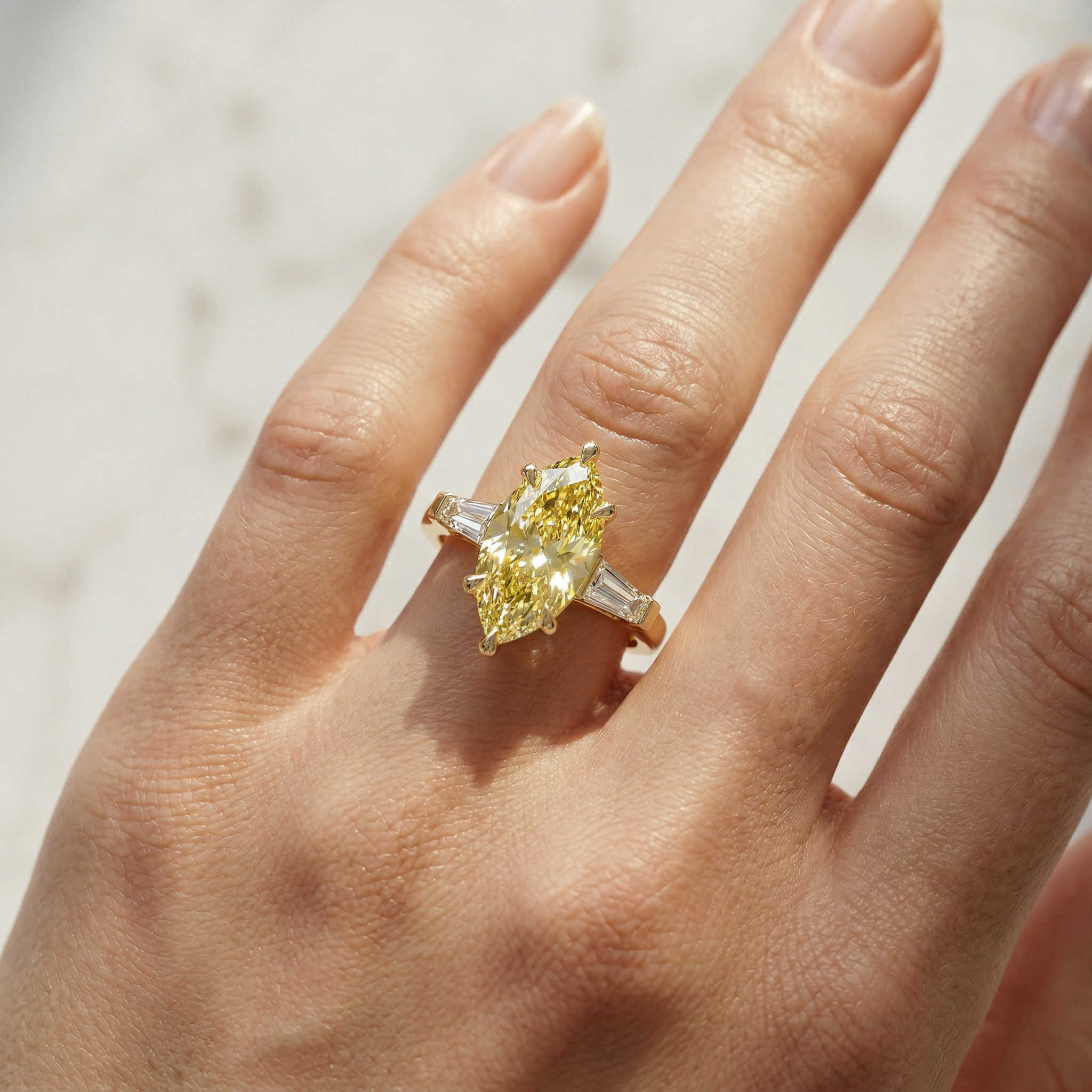 3.75 Carat Canary Yellow Marquise & Tapered Baguette Lab Grown Diamond Three Stone Engagement Ring