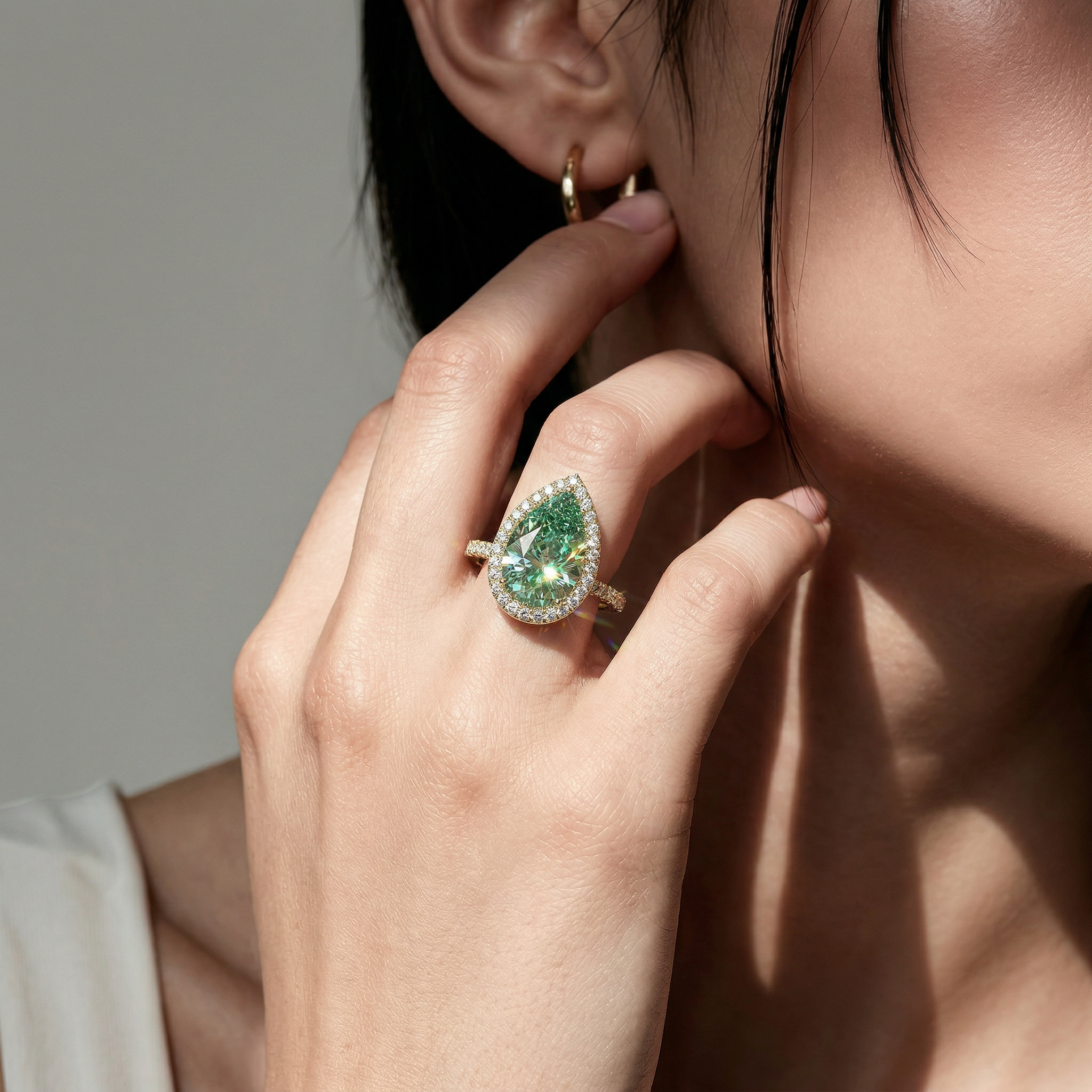 3ct Fancy Vivid Green Pear Cut Halo & Pave Lab Grown Diamond Engagement Ring - Madona
