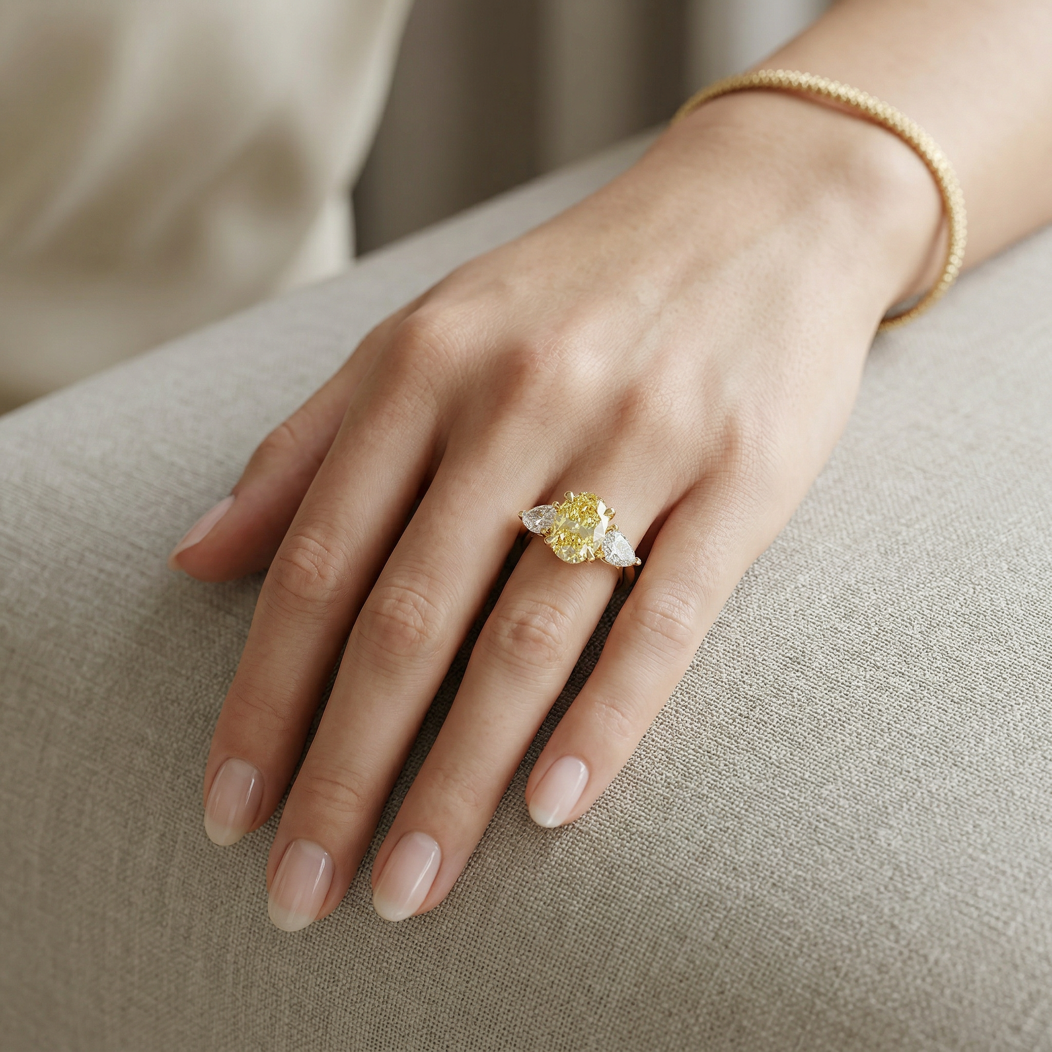 3 Carat Yellow Oval Cut Lab Grown Diamond Three Stone Engagement Ring with 0.50 Carat Pear Side Stones