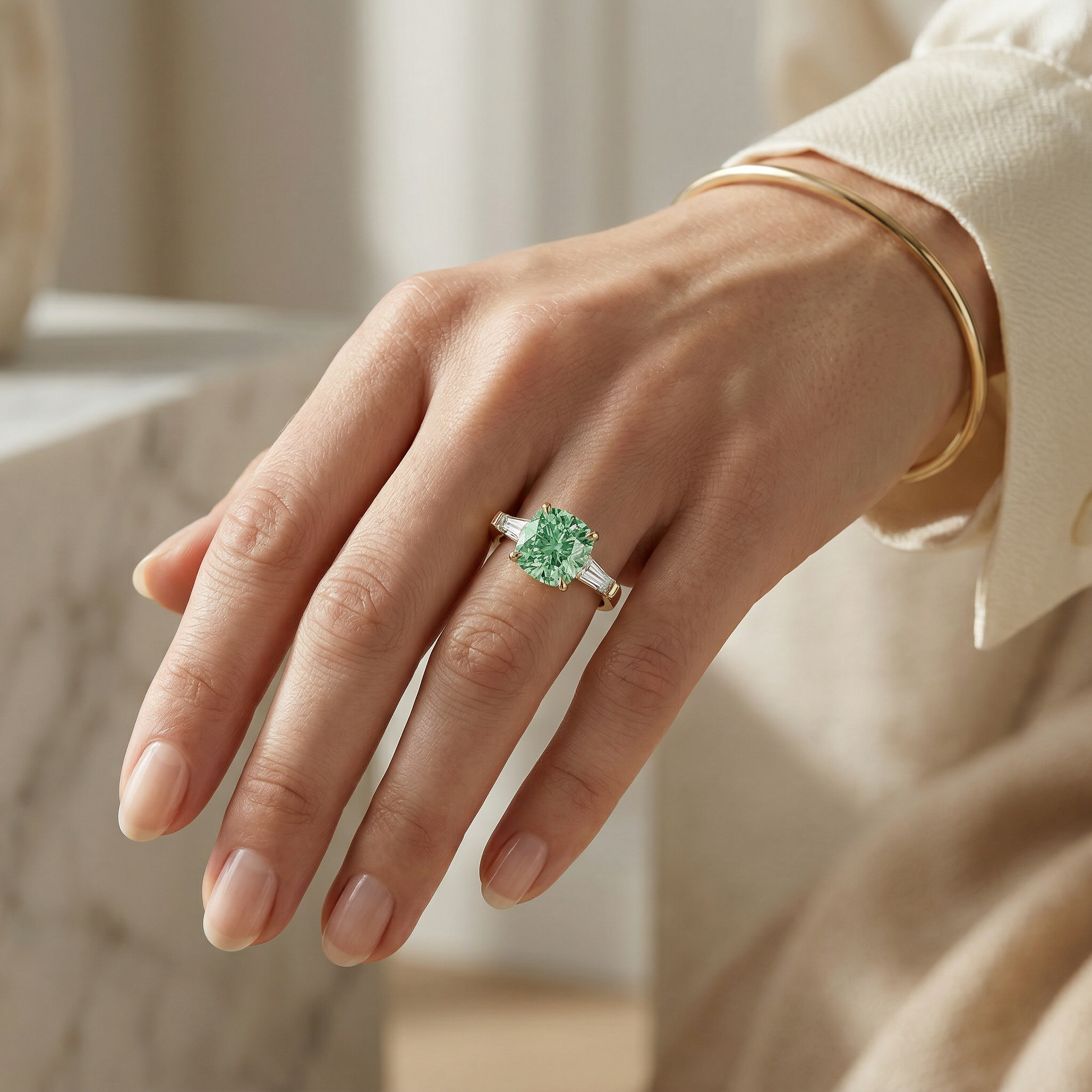 3.75 Carat Fancy Vivid Green Cushion & Tapered Baguette Lab Grown Diamond Three Stone Engagement Ring