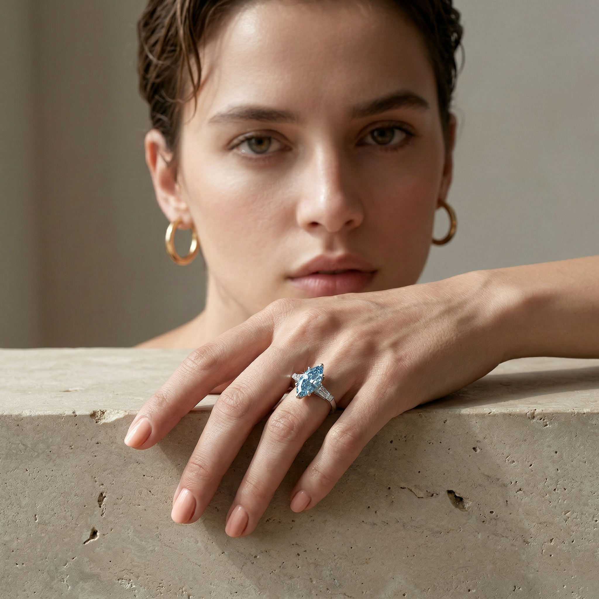 3.75 Carat Fancy Blue Marquise & Tapered Baguette Lab Grown Diamond Three Stone Engagement Ring