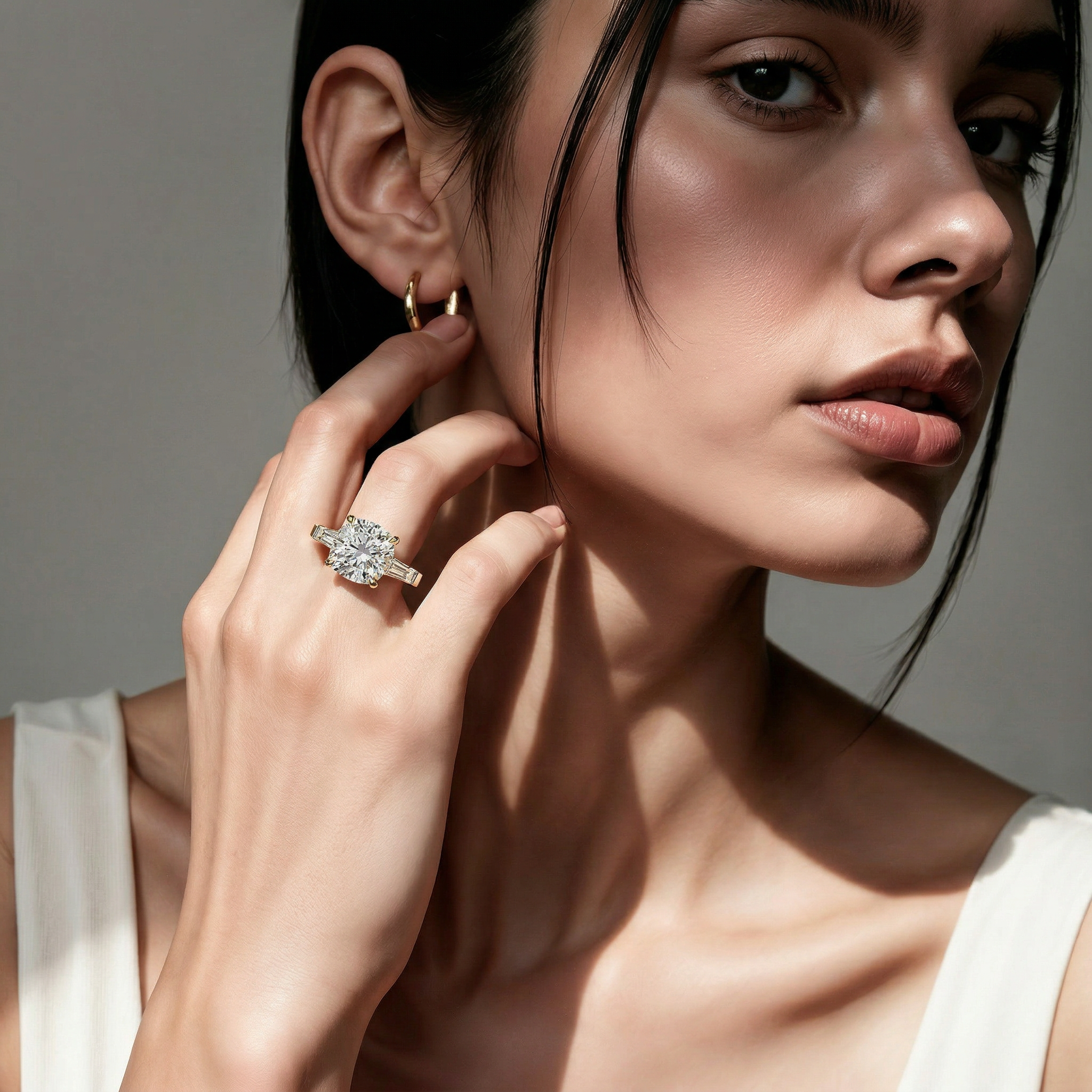 3.75 Carat E/VVS Cushion & Tapered Baguette Lab Grown Diamond Three Stone Engagement Ring