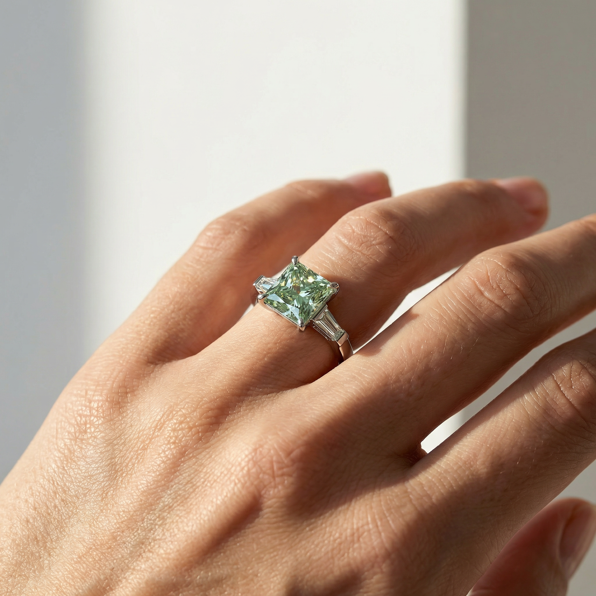 4ct Vivid Green Princess & Tapered Baguette Three Stone Lab Diamond Ring - Alluring