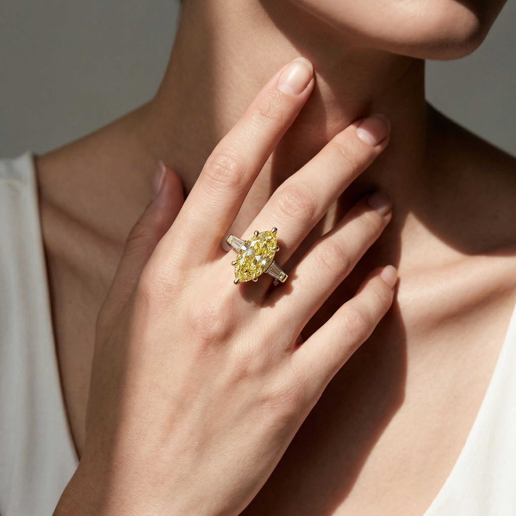 3.75 Carat Canary Yellow Marquise & Tapered Baguette Lab Grown Diamond Three Stone Engagement Ring