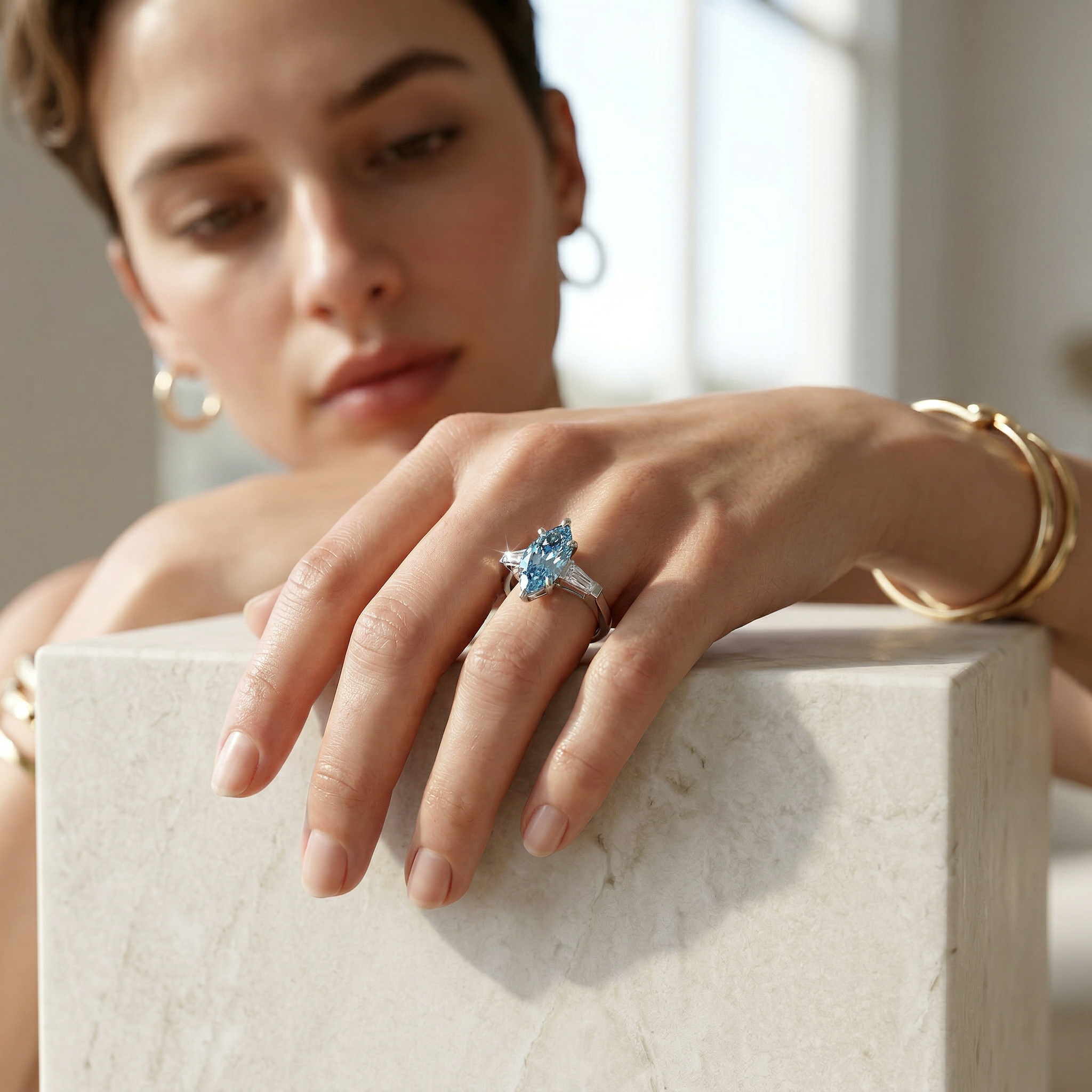 3.75 Carat Fancy Blue Marquise & Tapered Baguette Lab Grown Diamond Three Stone Engagement Ring