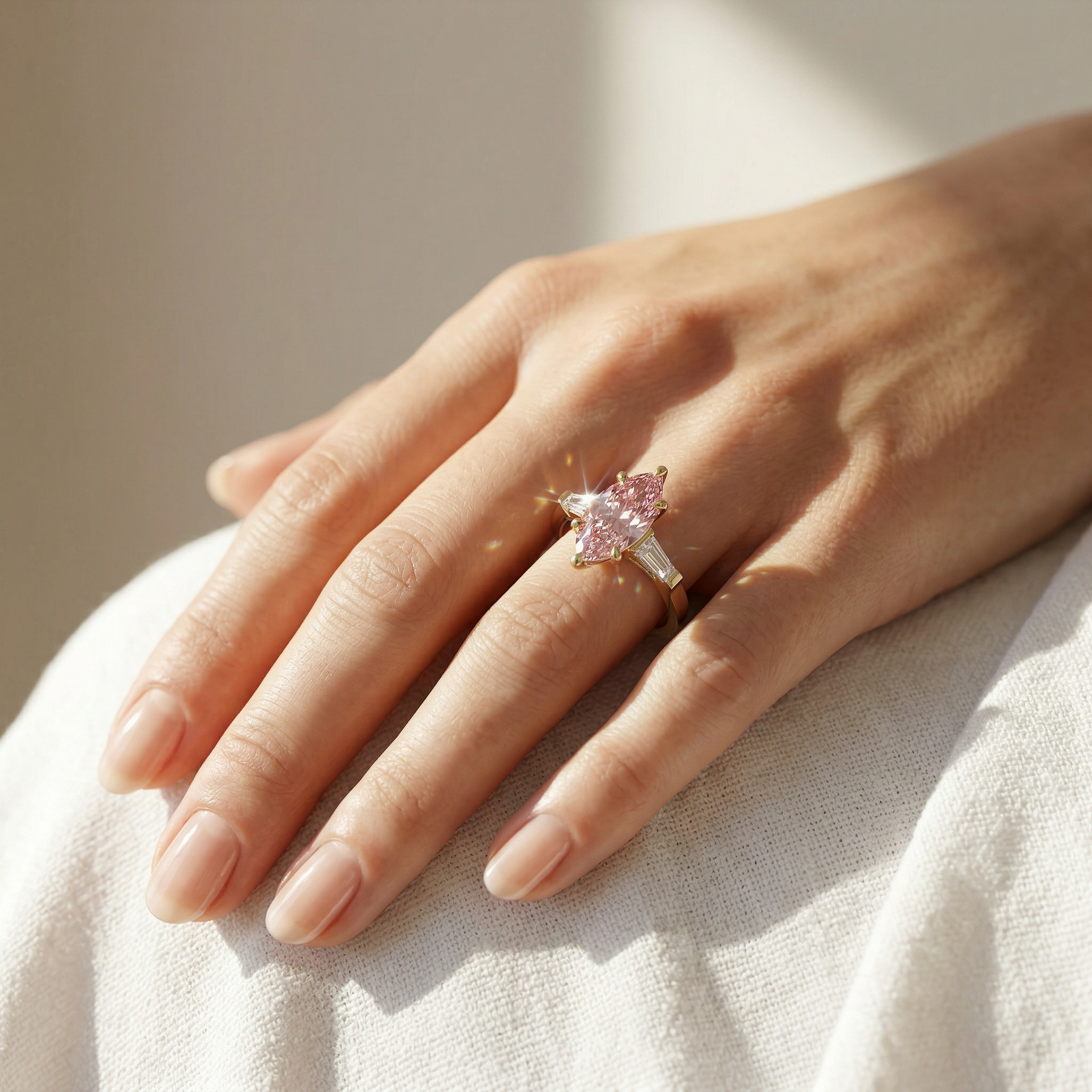3.75 Carat Fancy Pink Marquise & Tapered Baguette Lab Grown Diamond Three Stone Engagement Ring