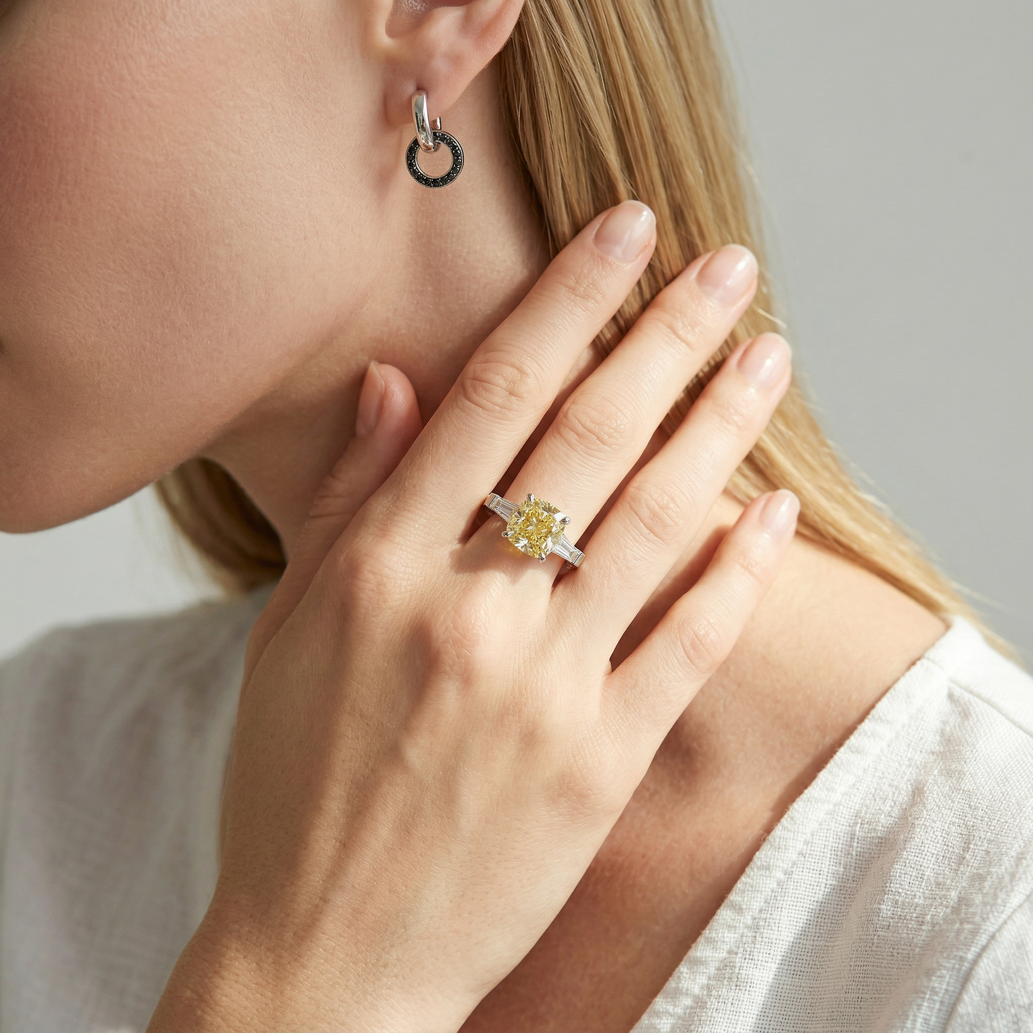 3.75 Carat Fancy Canary Yellow Cushion & Tapered Baguette Lab Grown Diamond Three Stone Engagement Ring