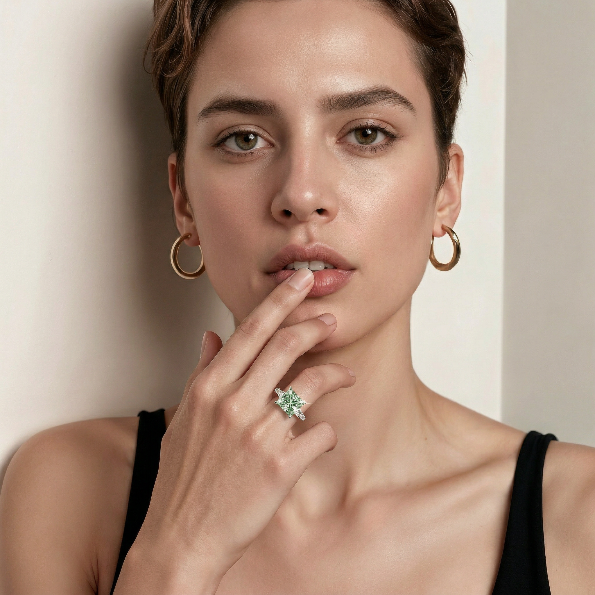 4ct Vivid Green Princess & Tapered Baguette Three Stone Lab Diamond Ring - Alluring