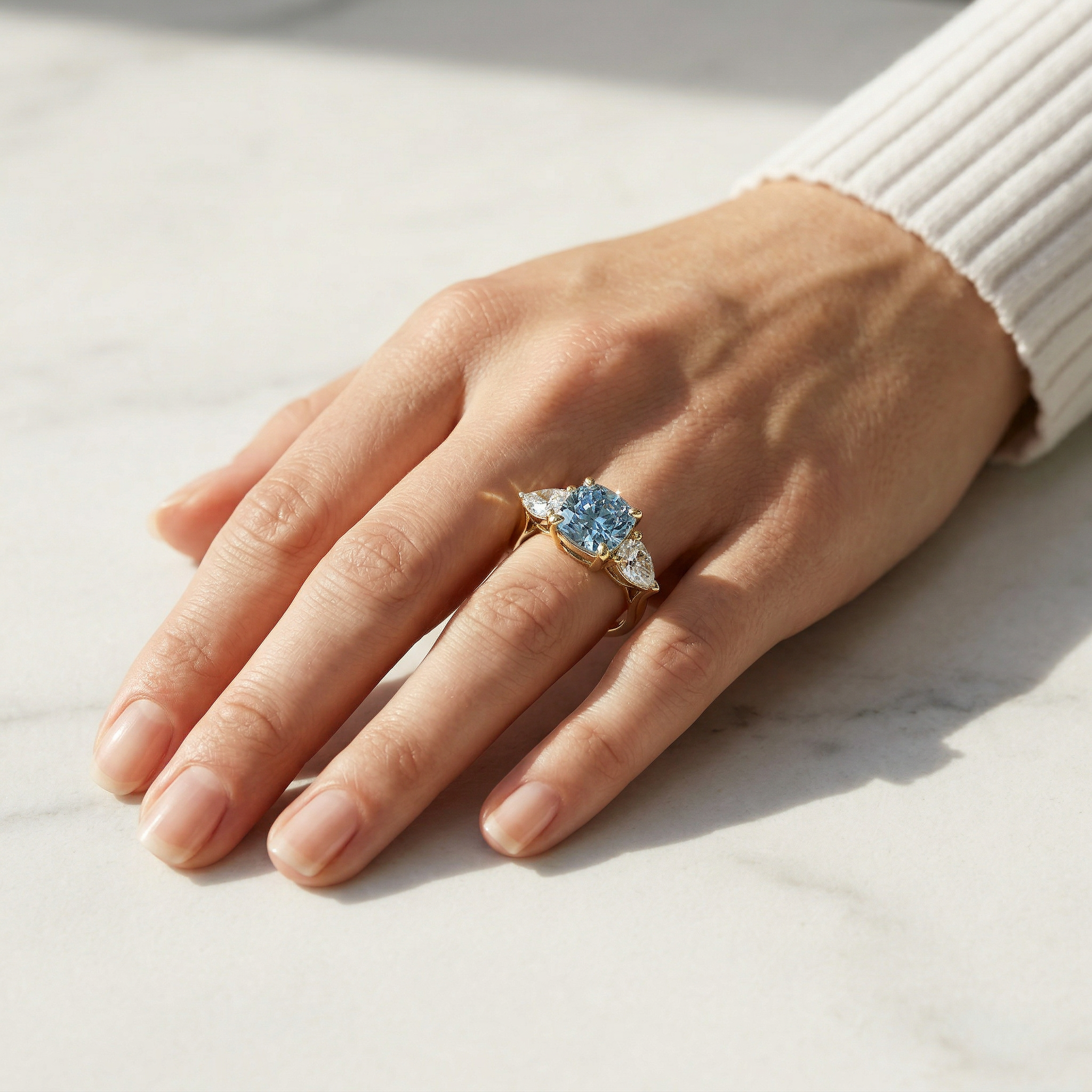 4 Carat Fancy Blue Cushion & Pear Cut Three Stone Lab Grown Diamond Engagement Ring
