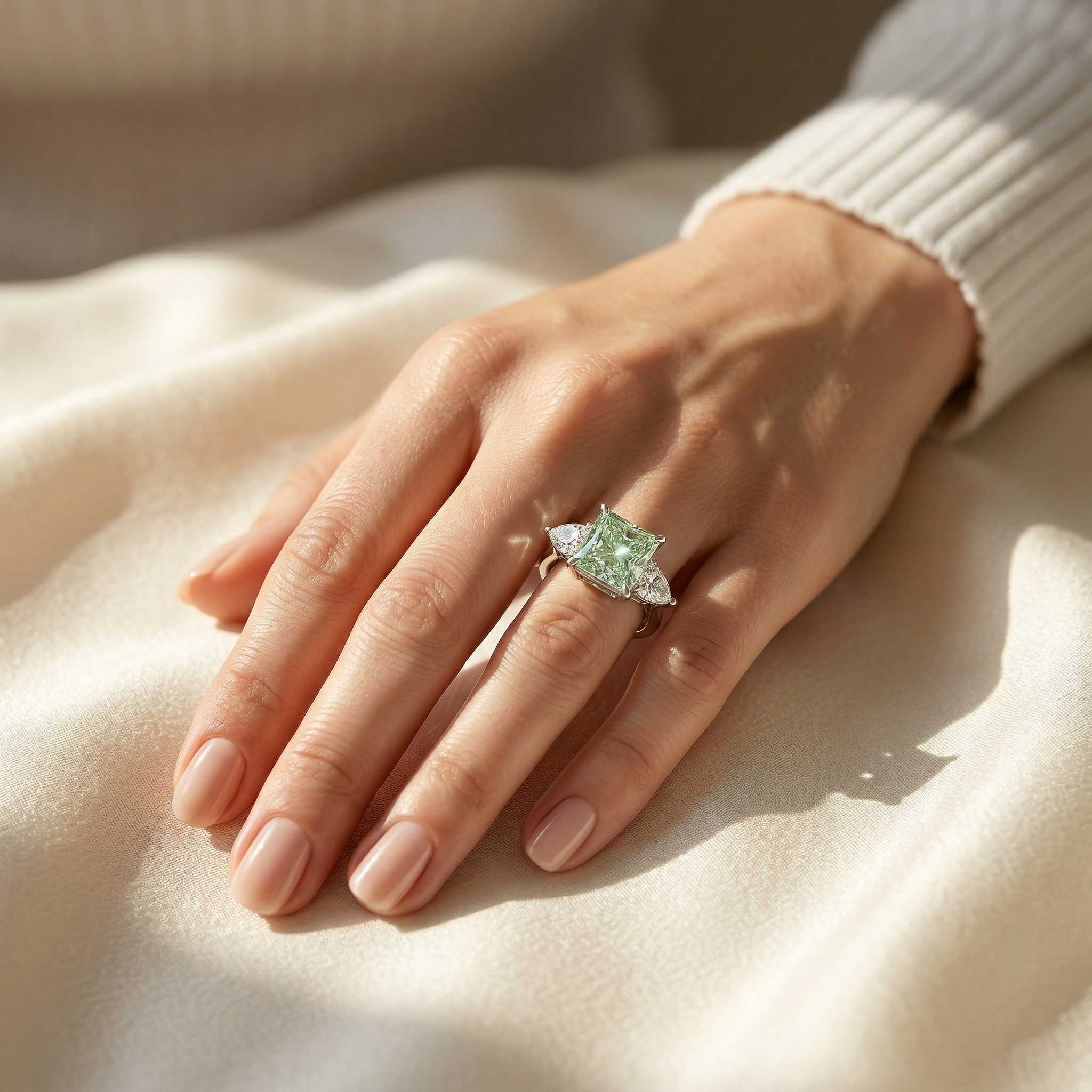 4 Carat Fancy Green Princess Cut Three Stone Lab Grown Diamond Engagement Ring