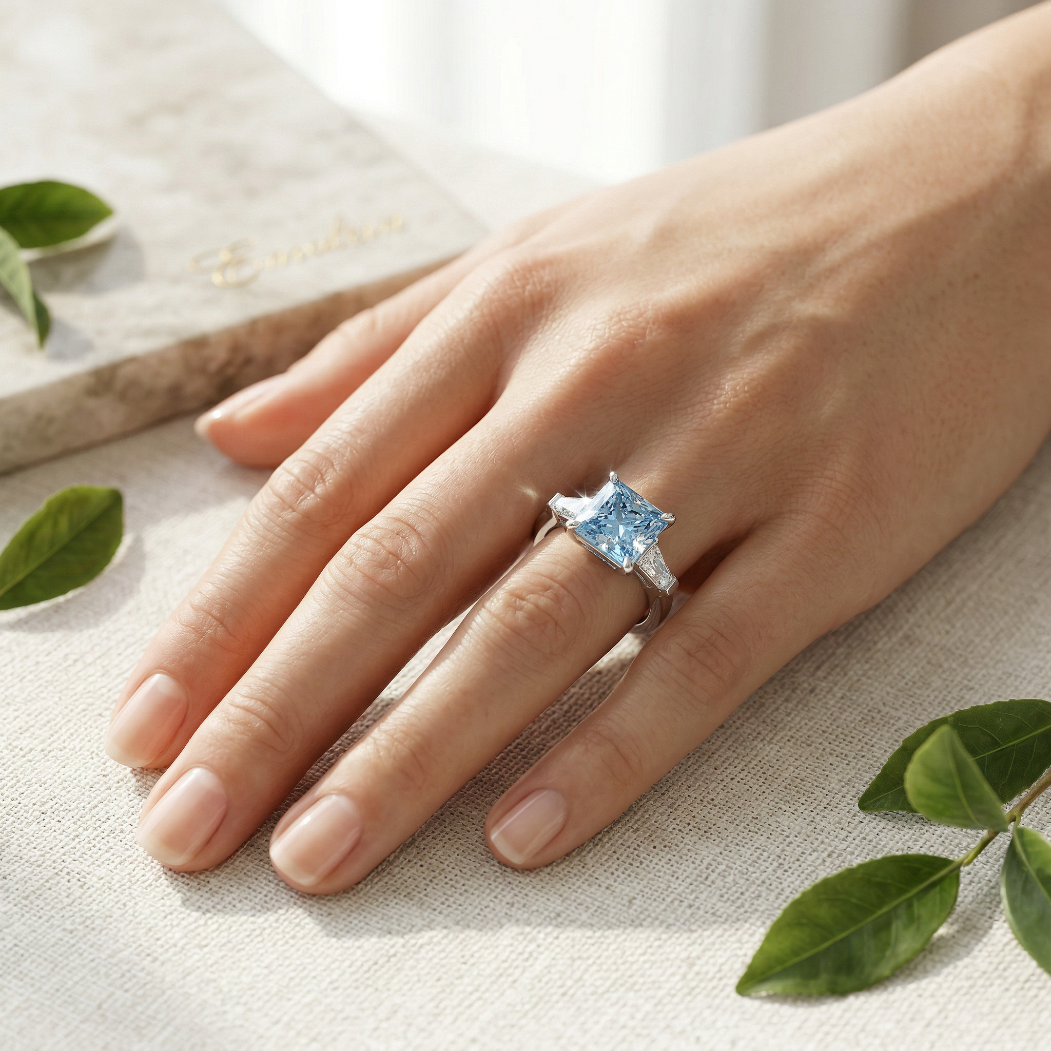 4ct Fancy Blue Princess & Tapered Baguette Three Stone Lab Diamond Ring - Alluring