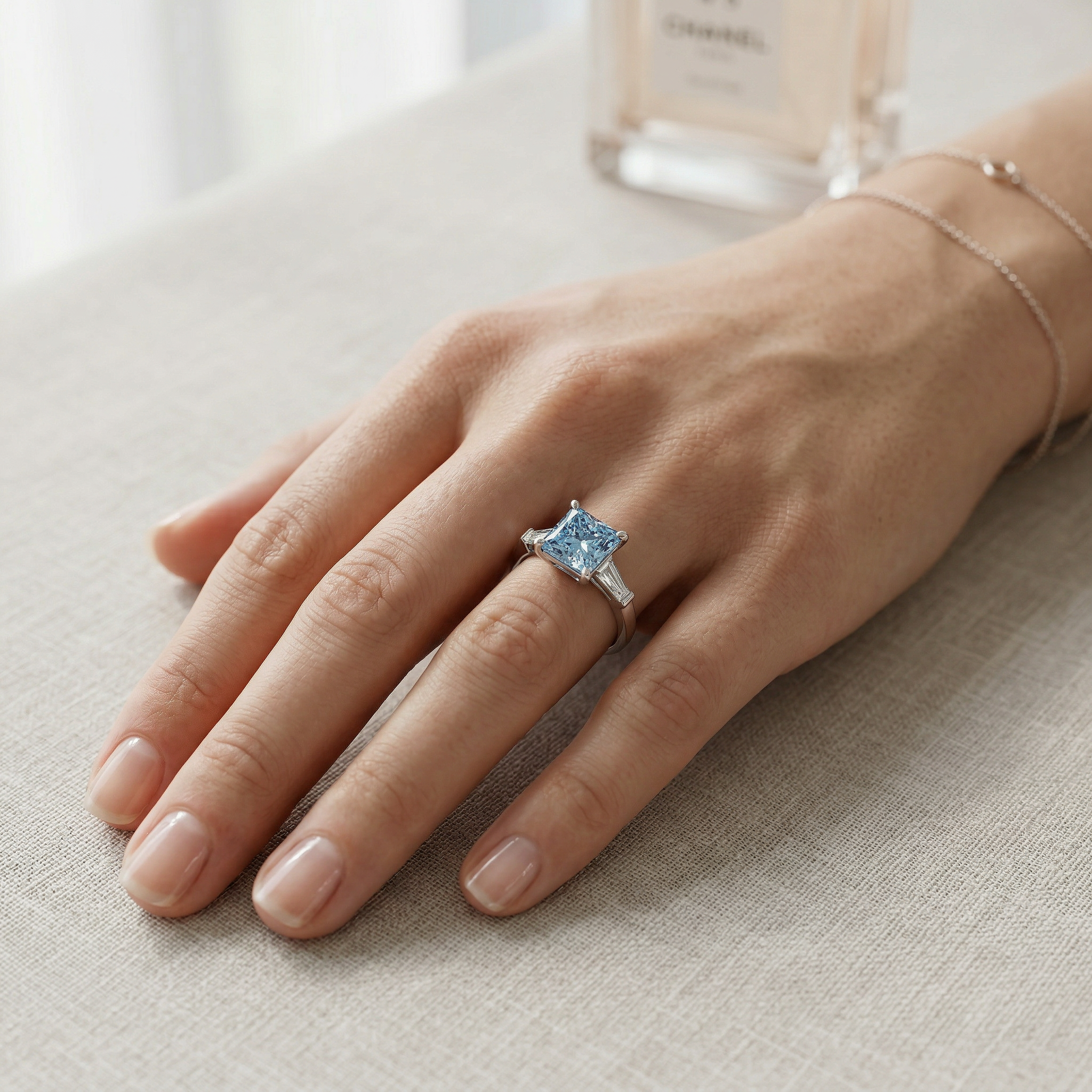 4ct Fancy Blue Princess & Tapered Baguette Three Stone Lab Diamond Ring - Alluring