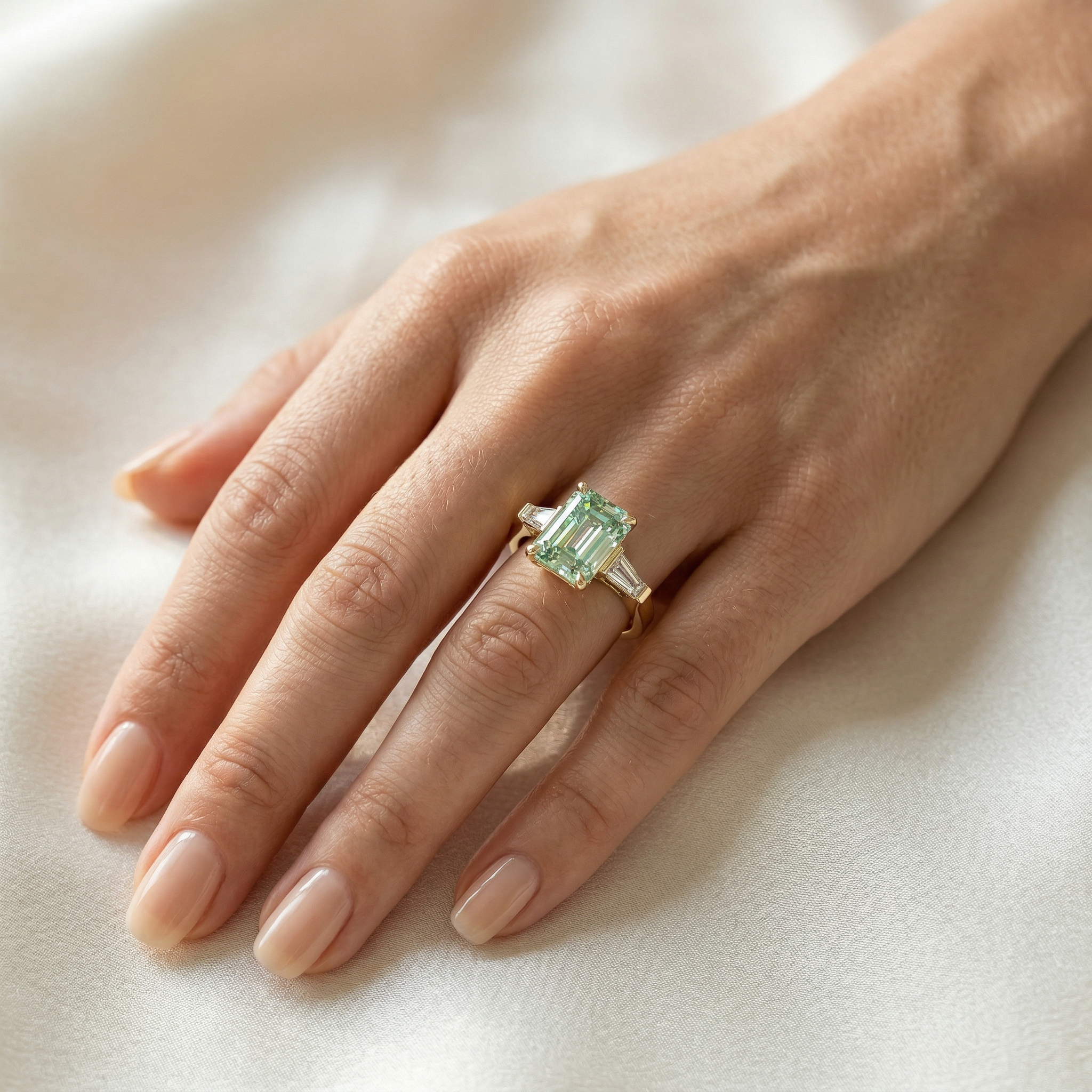 3.75ct Vivid Green Emerald & Tapered Baguette Three Stone Lab Diamond Ring