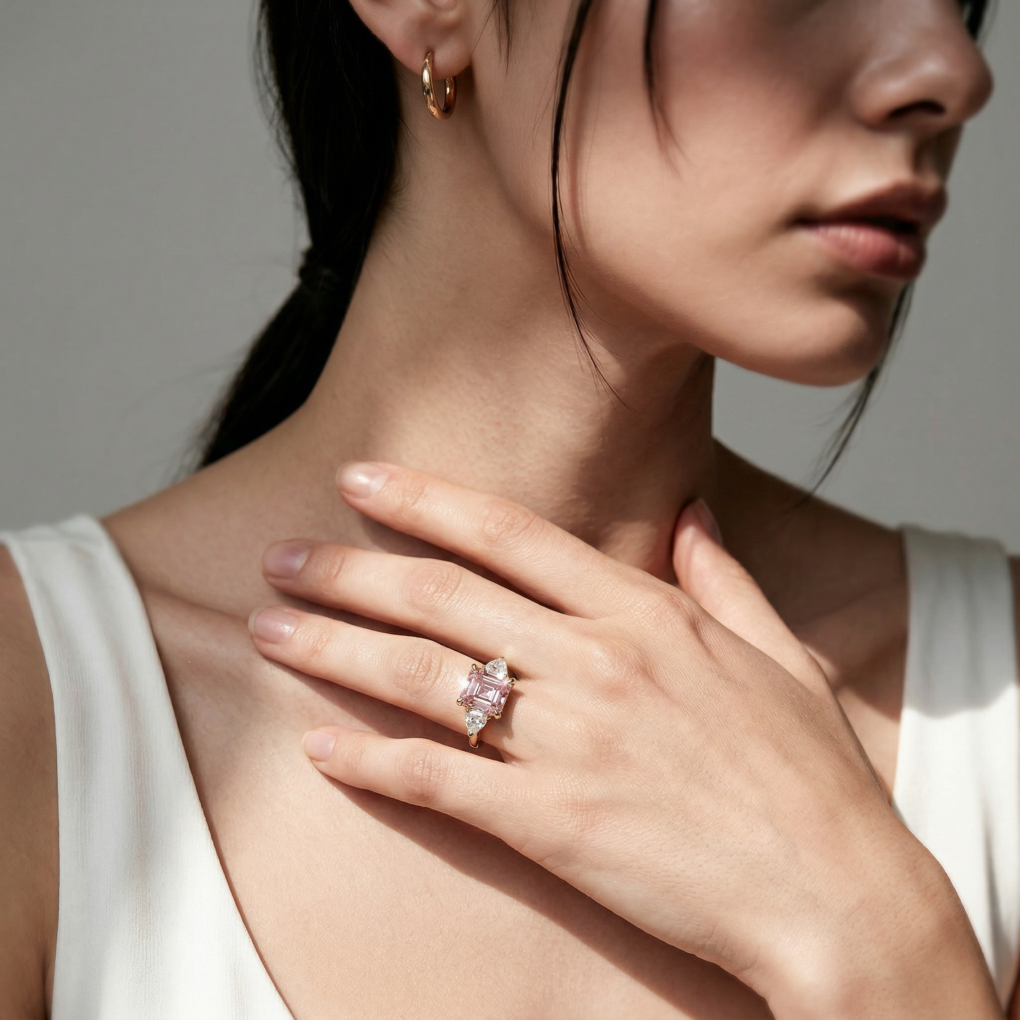 4 Carat Fancy Pink Asscher Cut Three Stone Lab Grown Diamond Engagement Ring