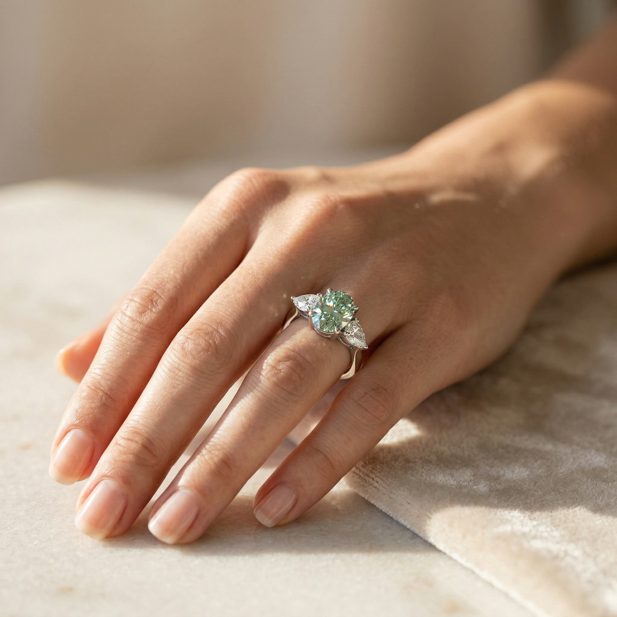3 Carat Fancy Vivid Green Oval Lab Diamond Three Stone Engagement Ring | Pear Cut Sides | Mohana Jewels