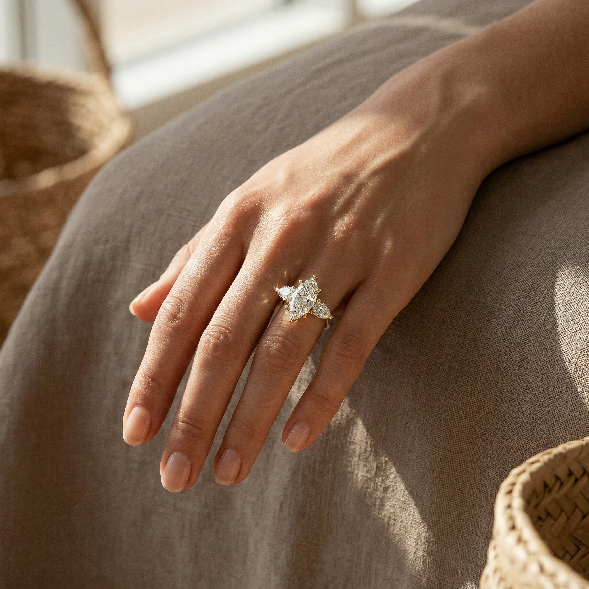 3 Carat E/VVS Marquise & Pear Cut Three Stone Lab Grown Diamond Engagement Ring