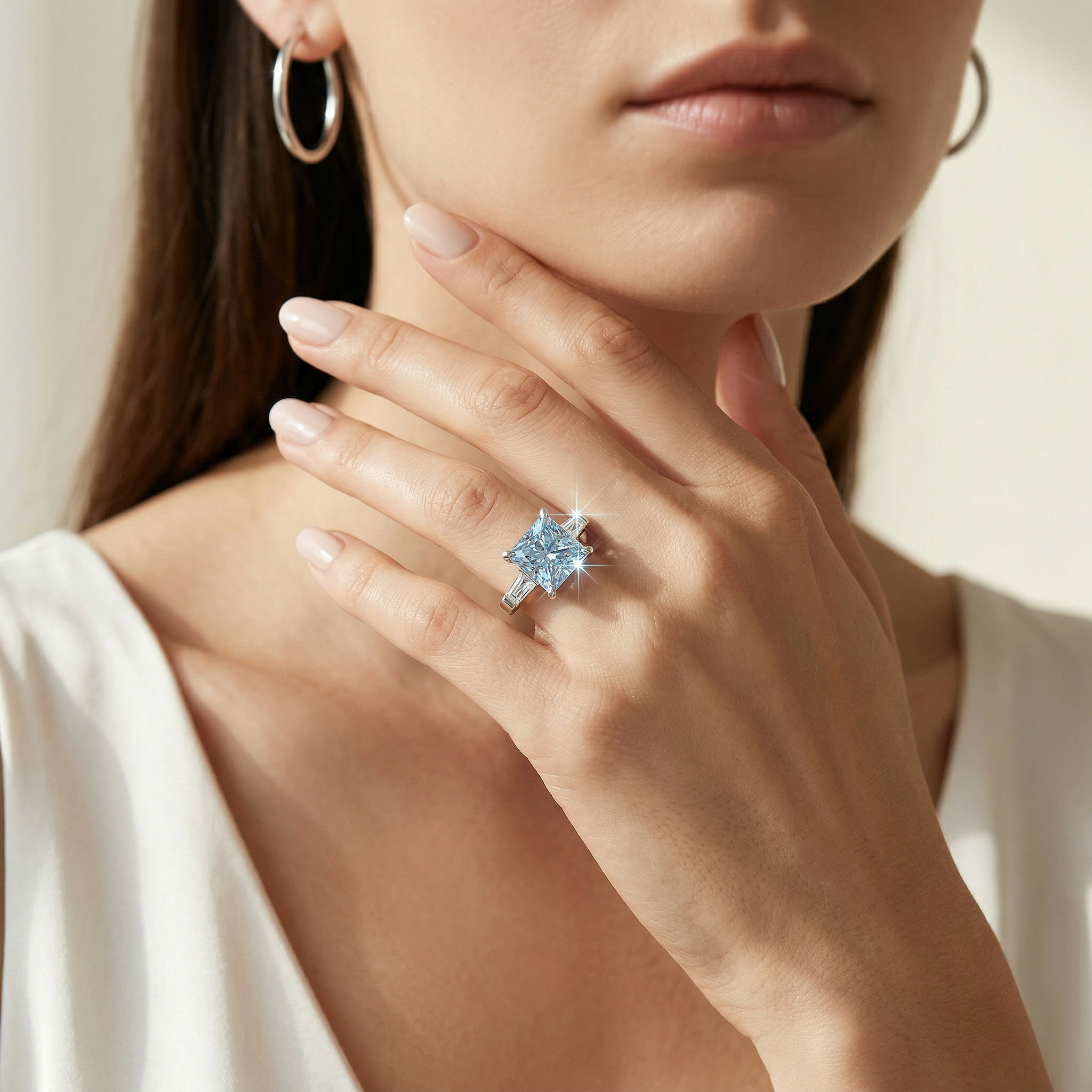 4ct Fancy Blue Princess & Tapered Baguette Three Stone Lab Diamond Ring - Alluring
