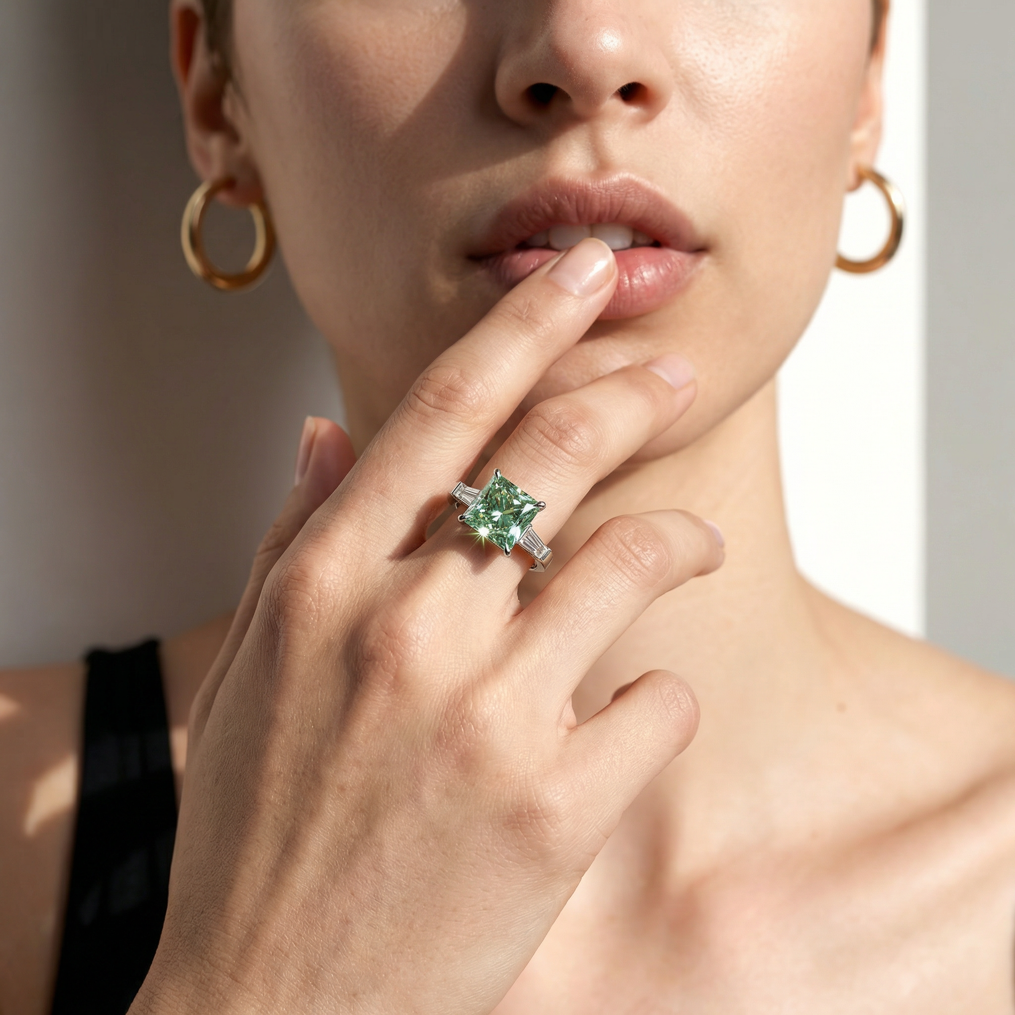4ct Vivid Green Princess & Tapered Baguette Three Stone Lab Diamond Ring - Alluring
