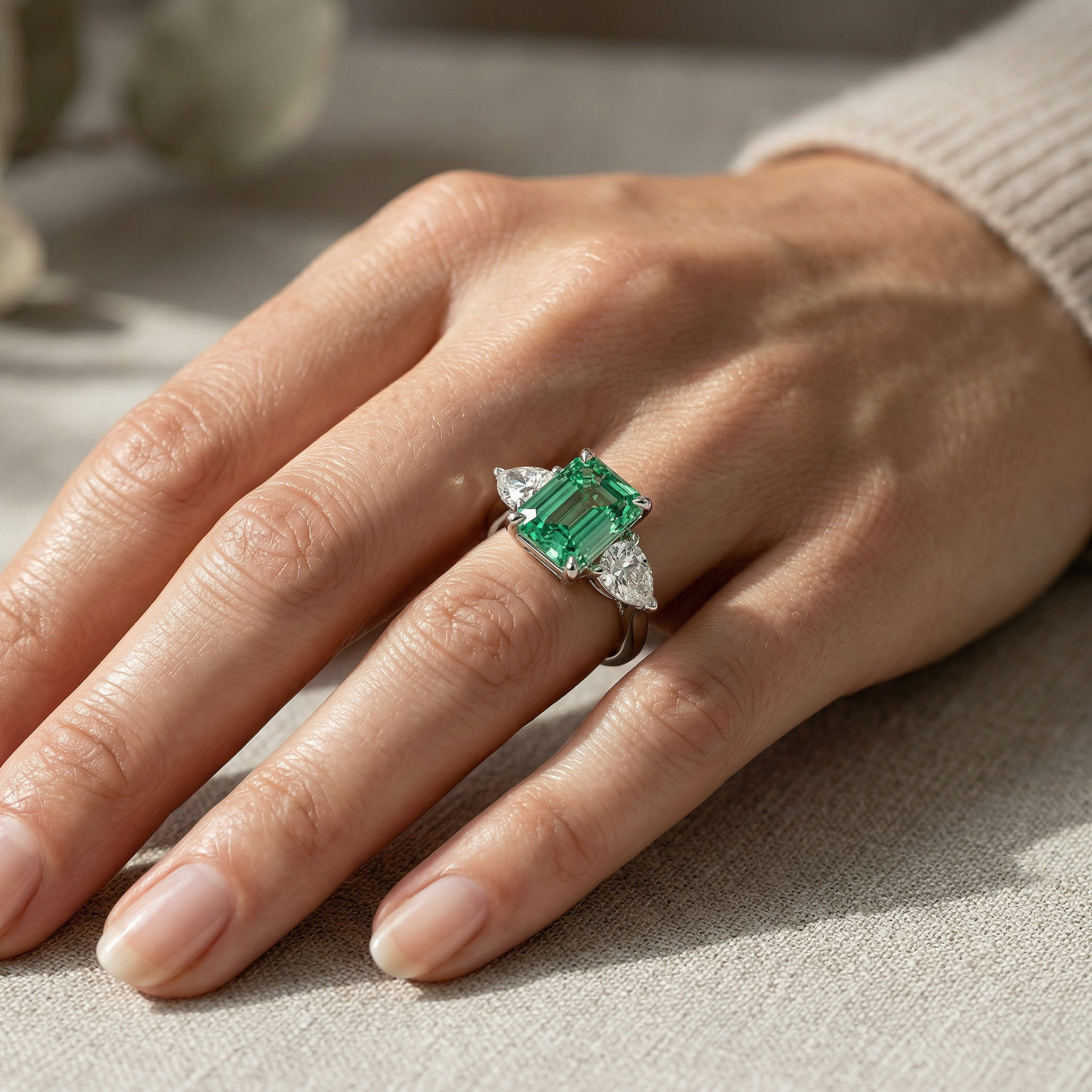 4 Carat Fancy Green Emerald & Pear Cut Three Stone Lab Grown Diamond Engagement Ring