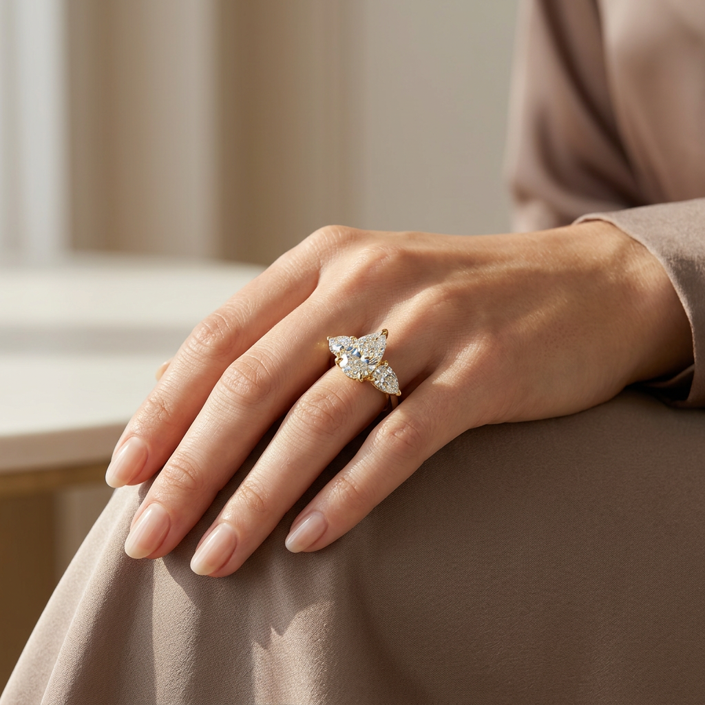 4 Carat E/VVS Pear Cut Three Stone Lab Grown Diamond Engagement Ring