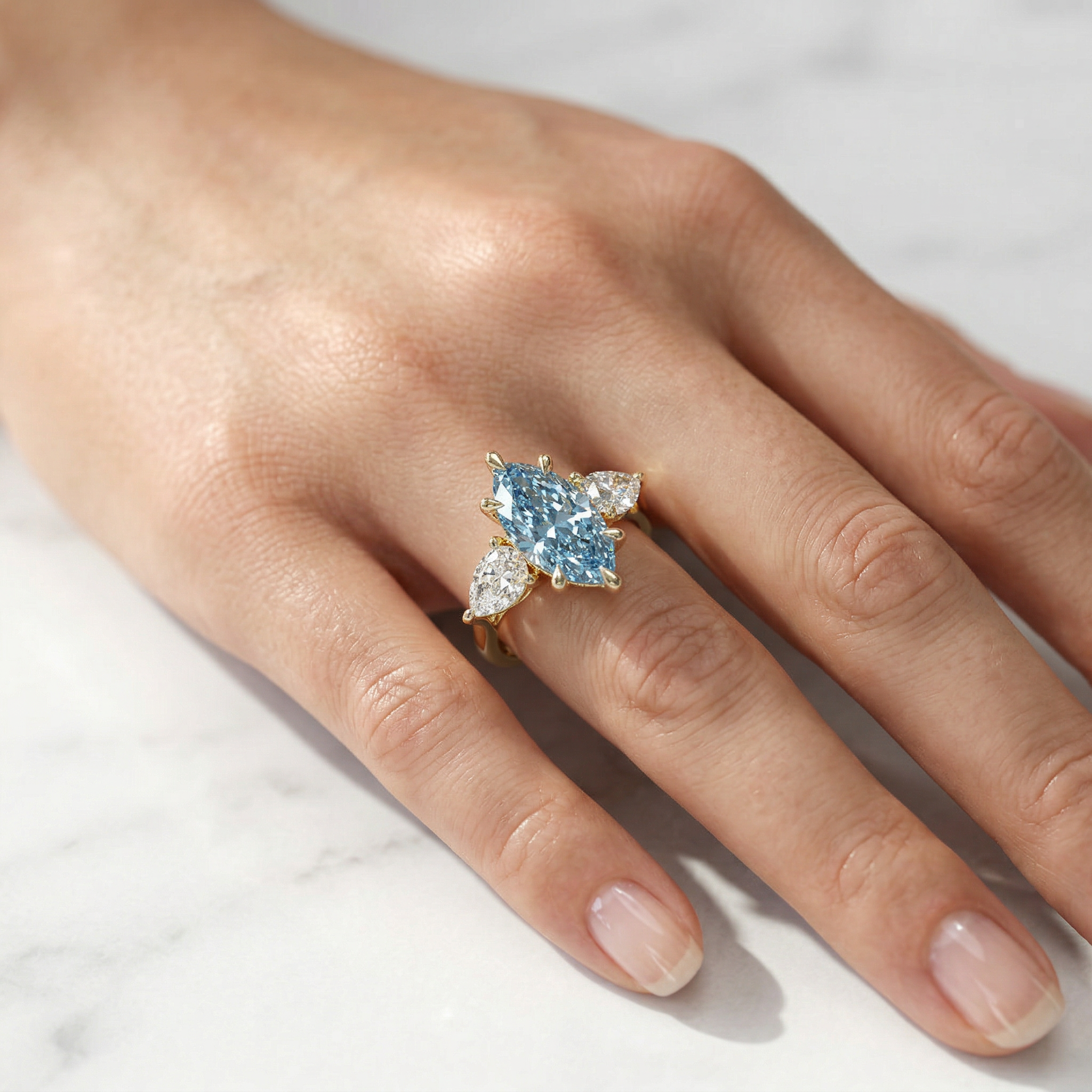 3 Carat Fancy Blue Marquise & Pear Cut Three Stone Lab Grown Diamond Engagement Ring