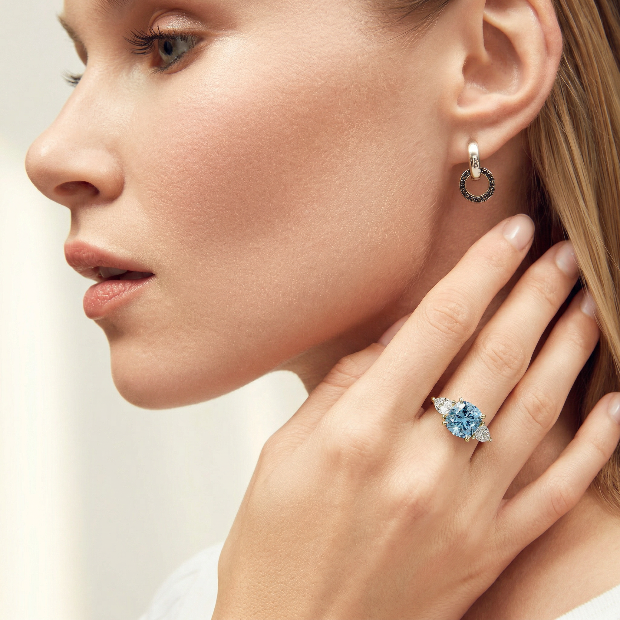 4 Carat Fancy Blue Cushion & Pear Cut Three Stone Lab Grown Diamond Engagement Ring