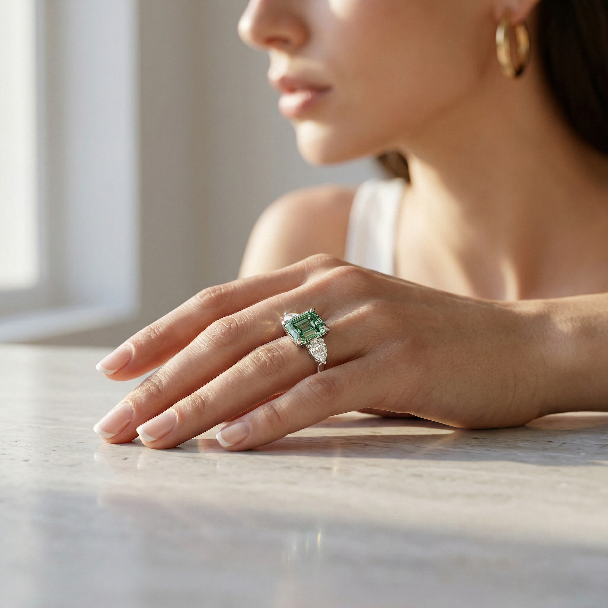 4 Carat Fancy Green Asscher Cut Three Stone Lab Grown Diamond Engagement Ring