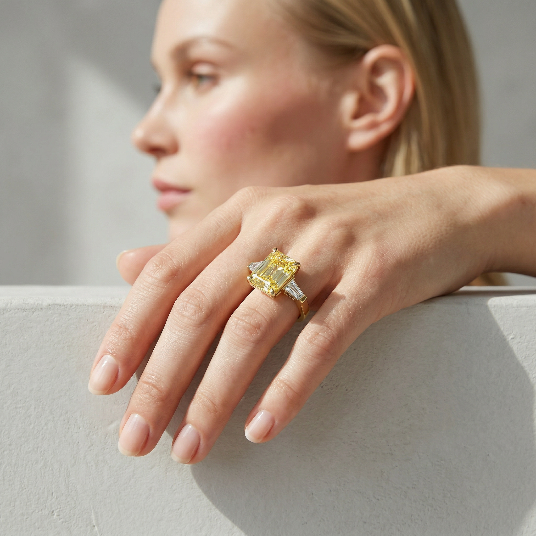 3.75ct Canary Yellow Emerald & Tapered Baguette Three Stone Lab Diamond Ring
