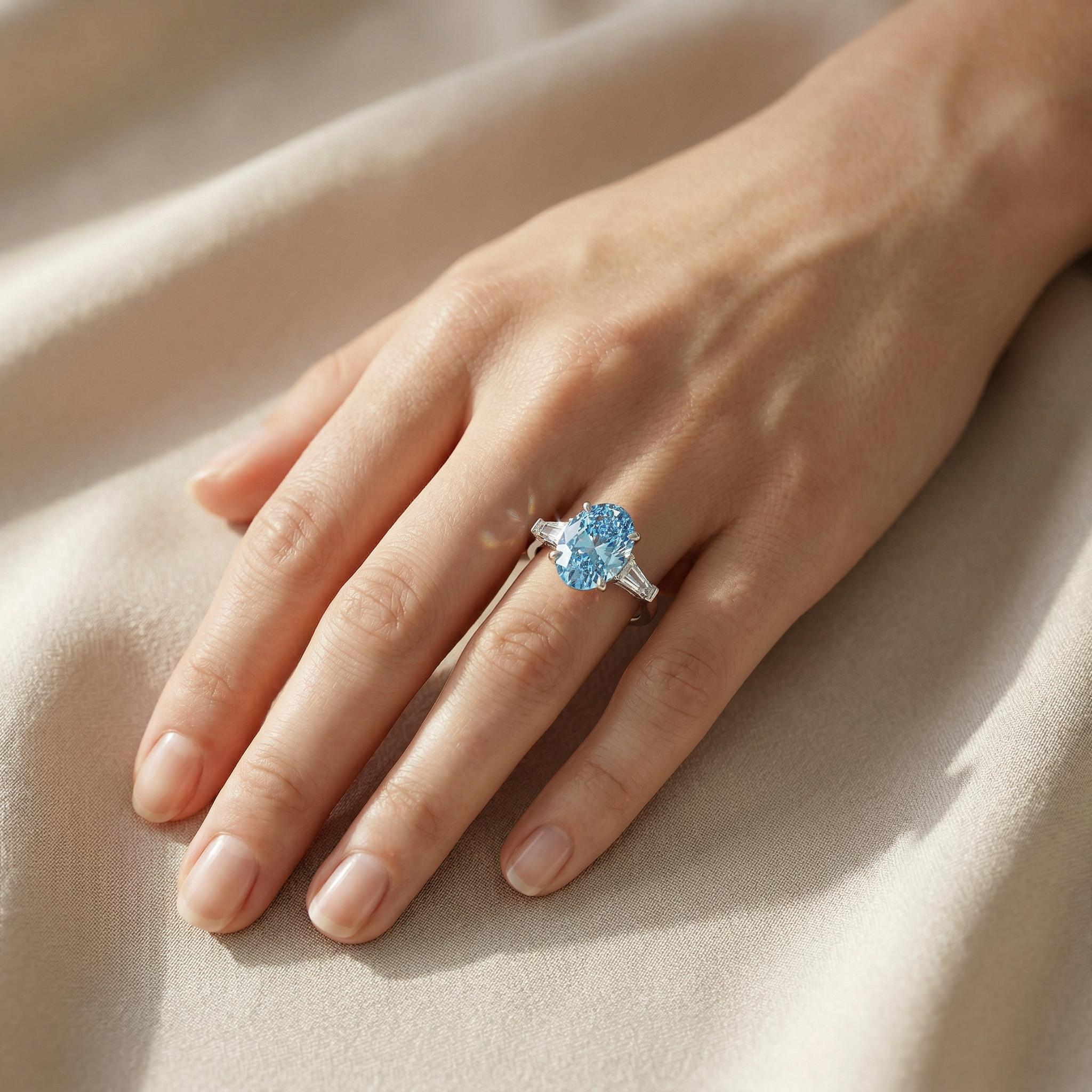 3.75 Carat Fancy Blue Oval & Tapered Baguette Lab Grown Diamond Three Stone Engagement Ring