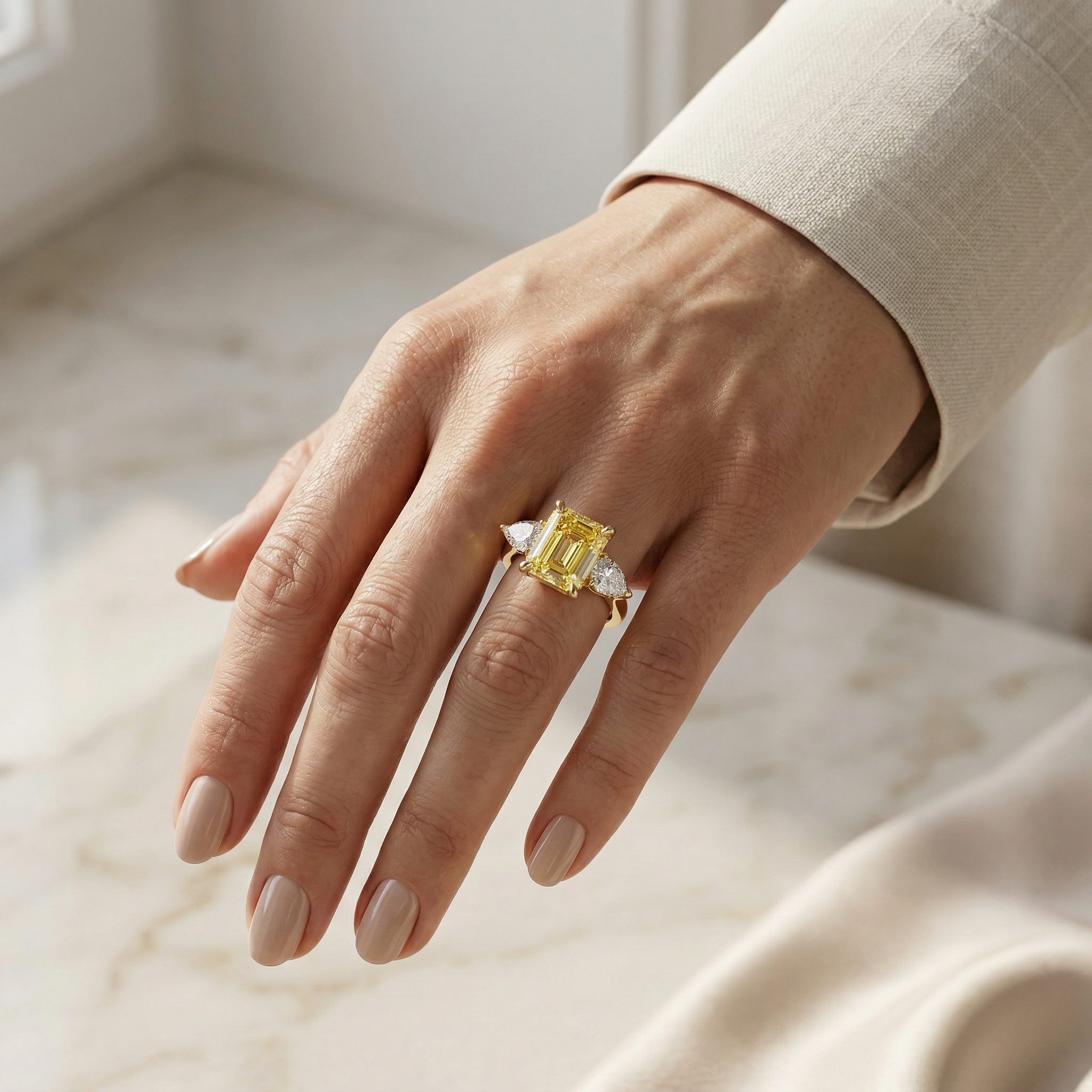 4 Carat Canary Yellow Emerald & Pear Cut Three Stone Lab Grown Diamond Engagement Ring